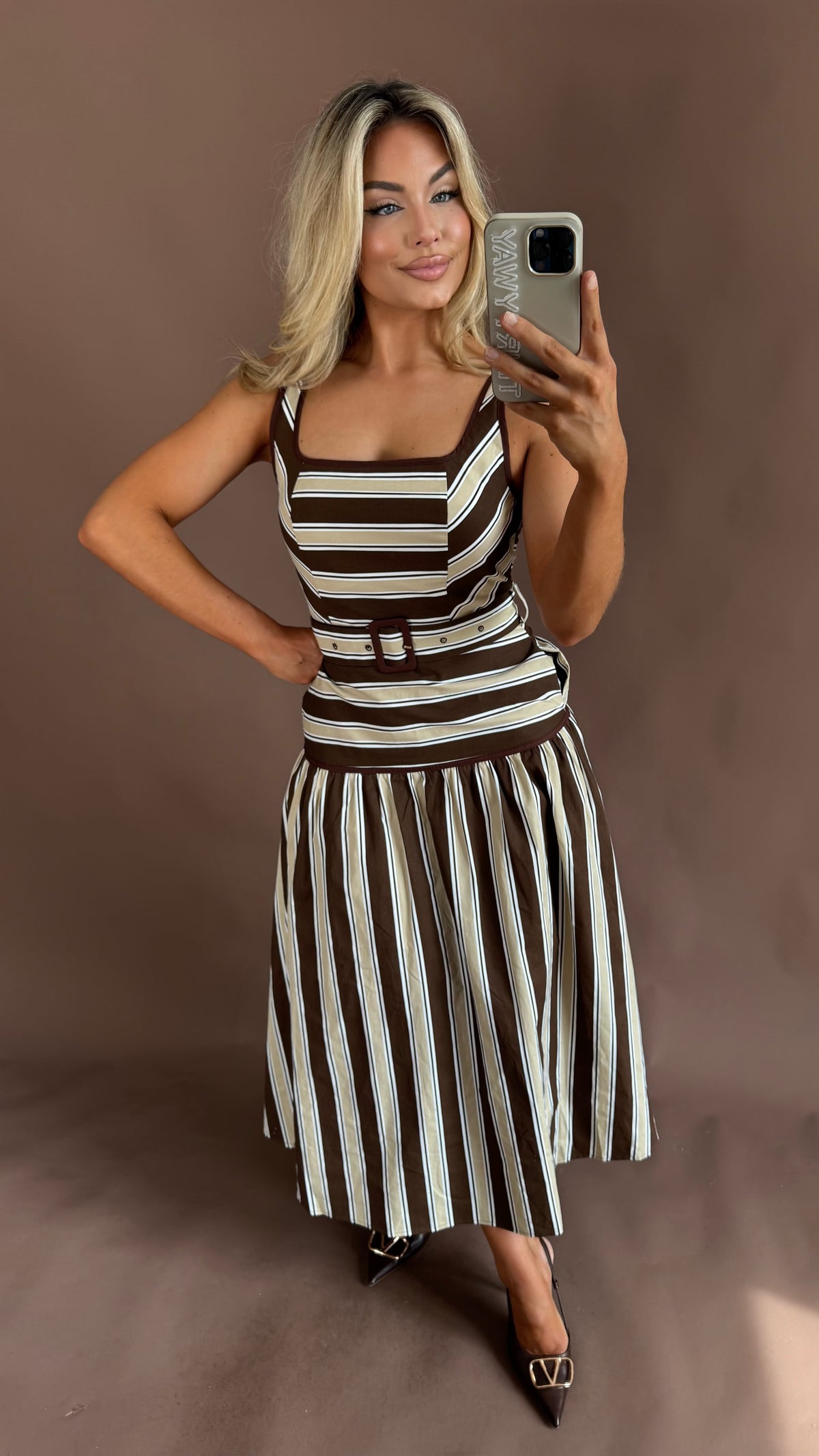 HERITAGE STRIPED BELTED MAXI DRESS