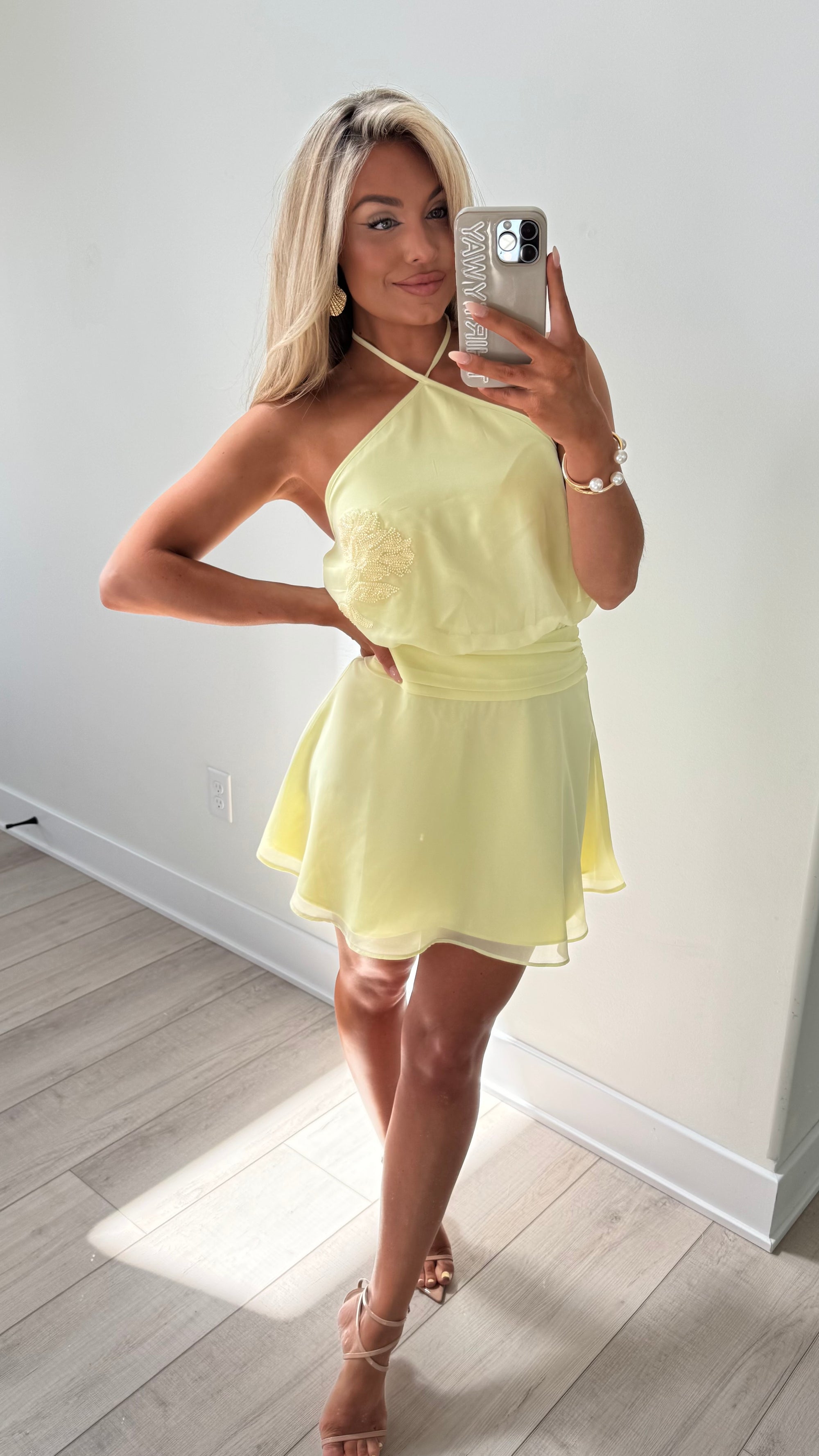 LEMON SQUEEZE HALTER MINI DRESS