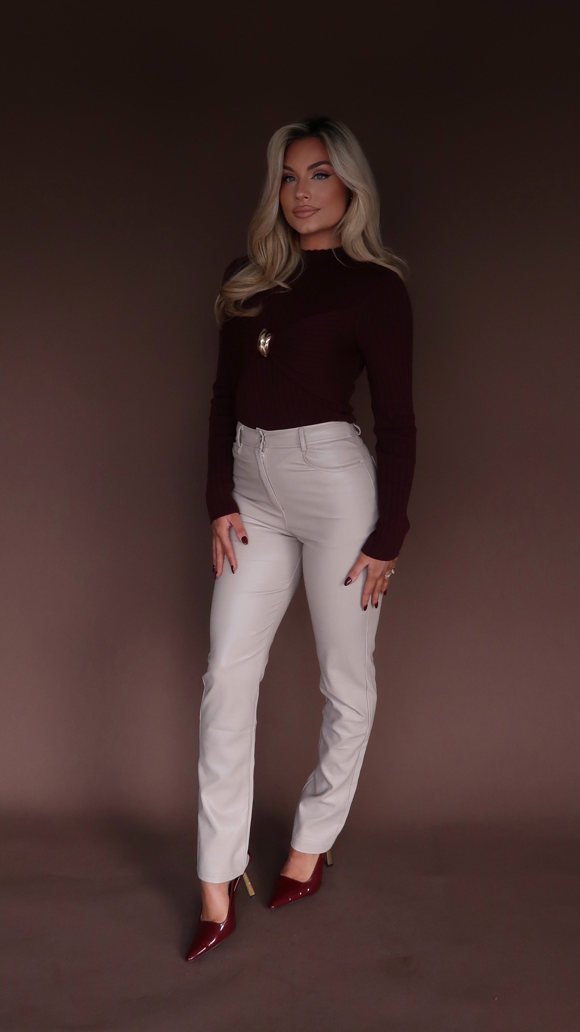 CLARET RIBBED MOCK NECK SWEATER TOP MERLOT