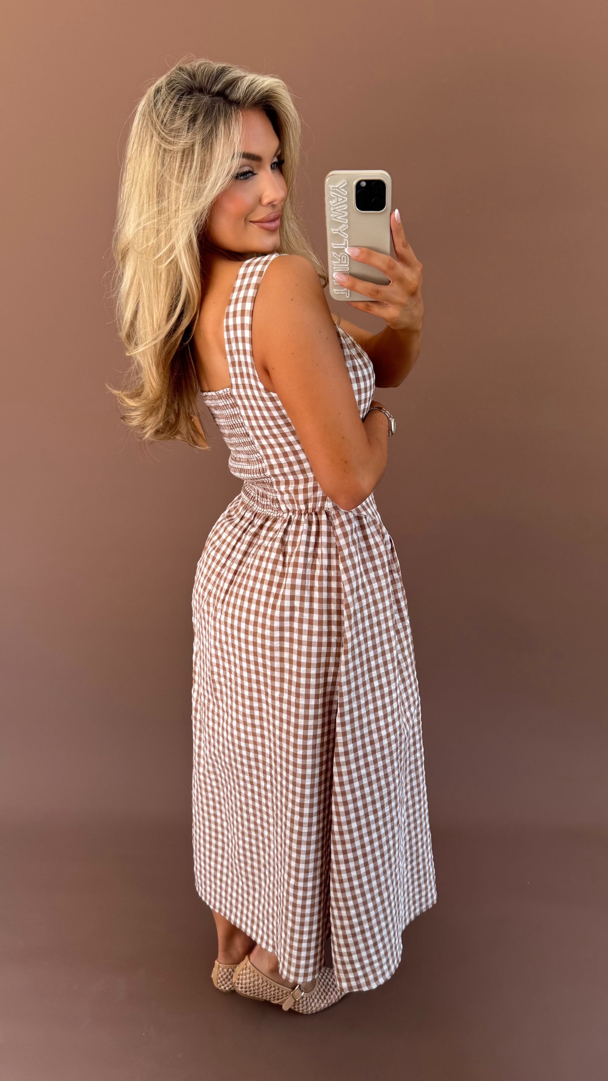 BASSET GINGHAM DROP WAIST MIDI DRESS
