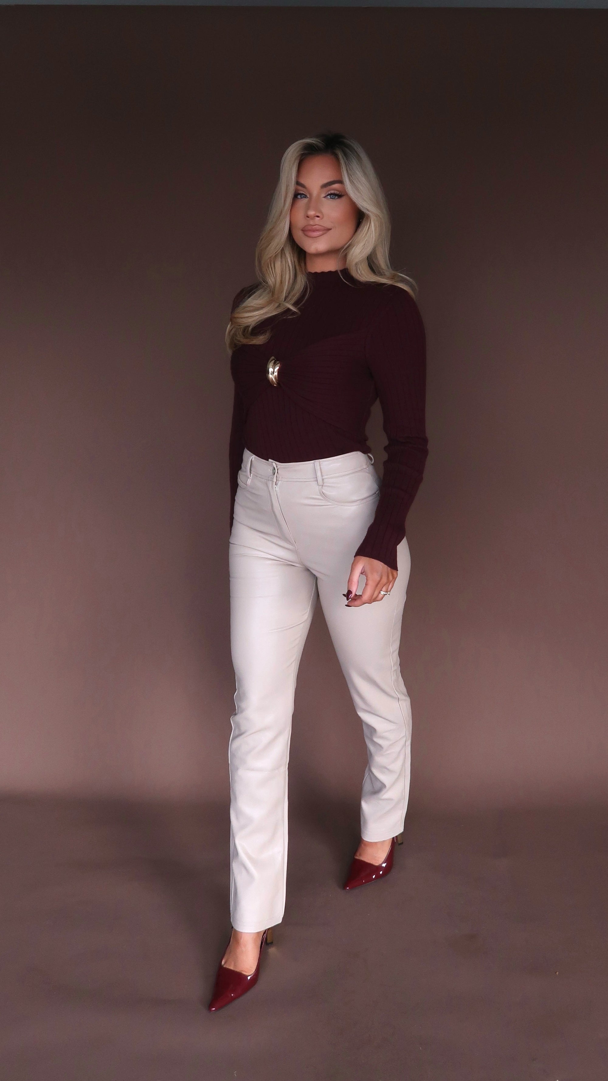 CLARET RIBBED MOCK NECK SWEATER TOP MERLOT