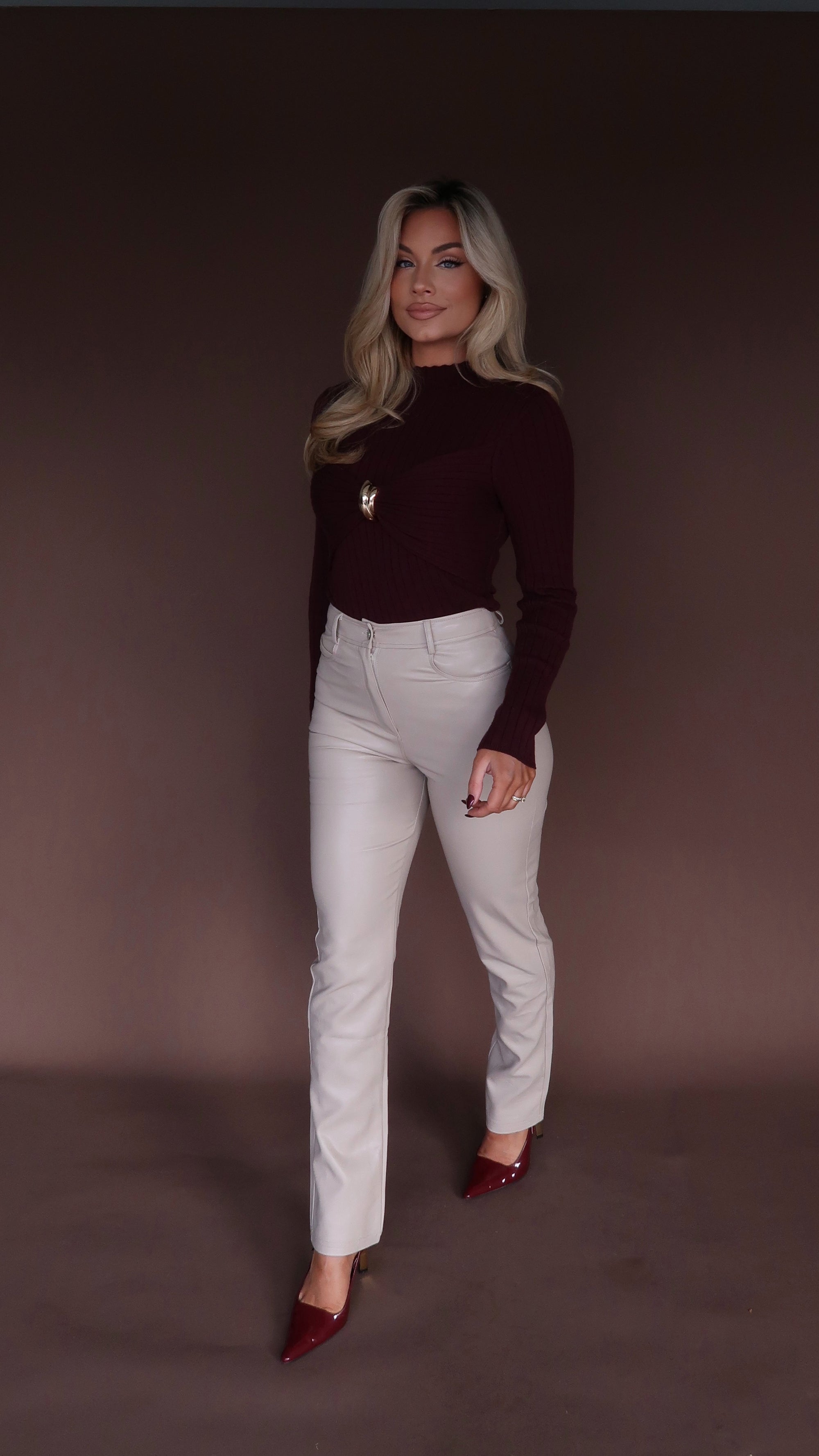 CLARET RIBBED MOCK NECK SWEATER TOP MERLOT