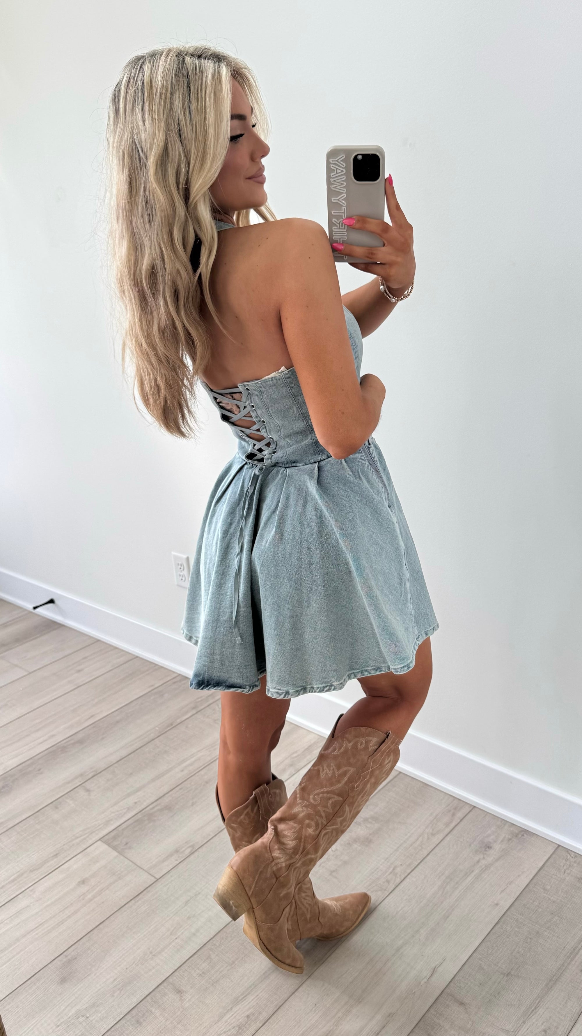 BLUE SPUR HALTER DENIM DRESS
