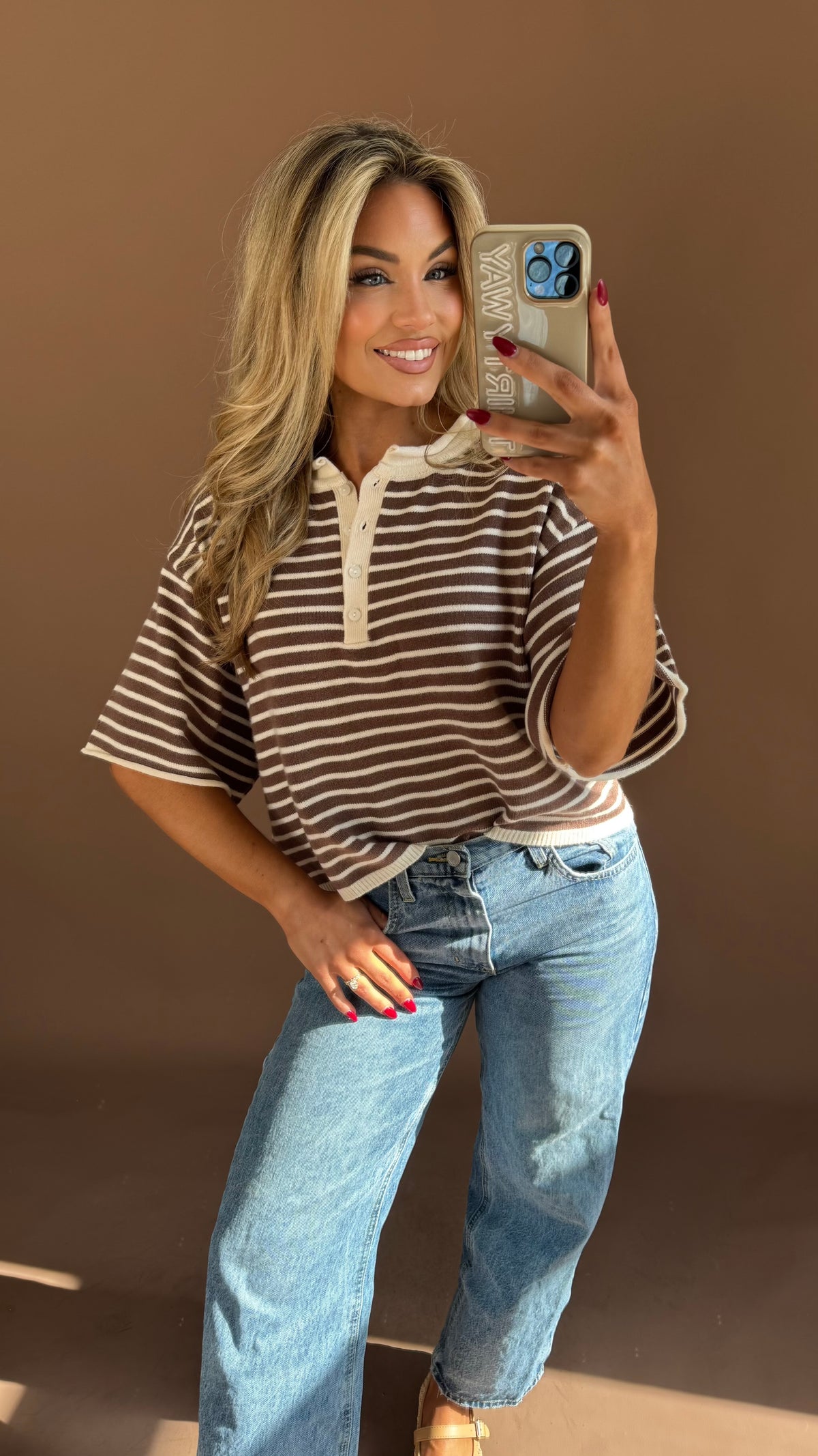 STRIPED HENLEY TOP BROWN