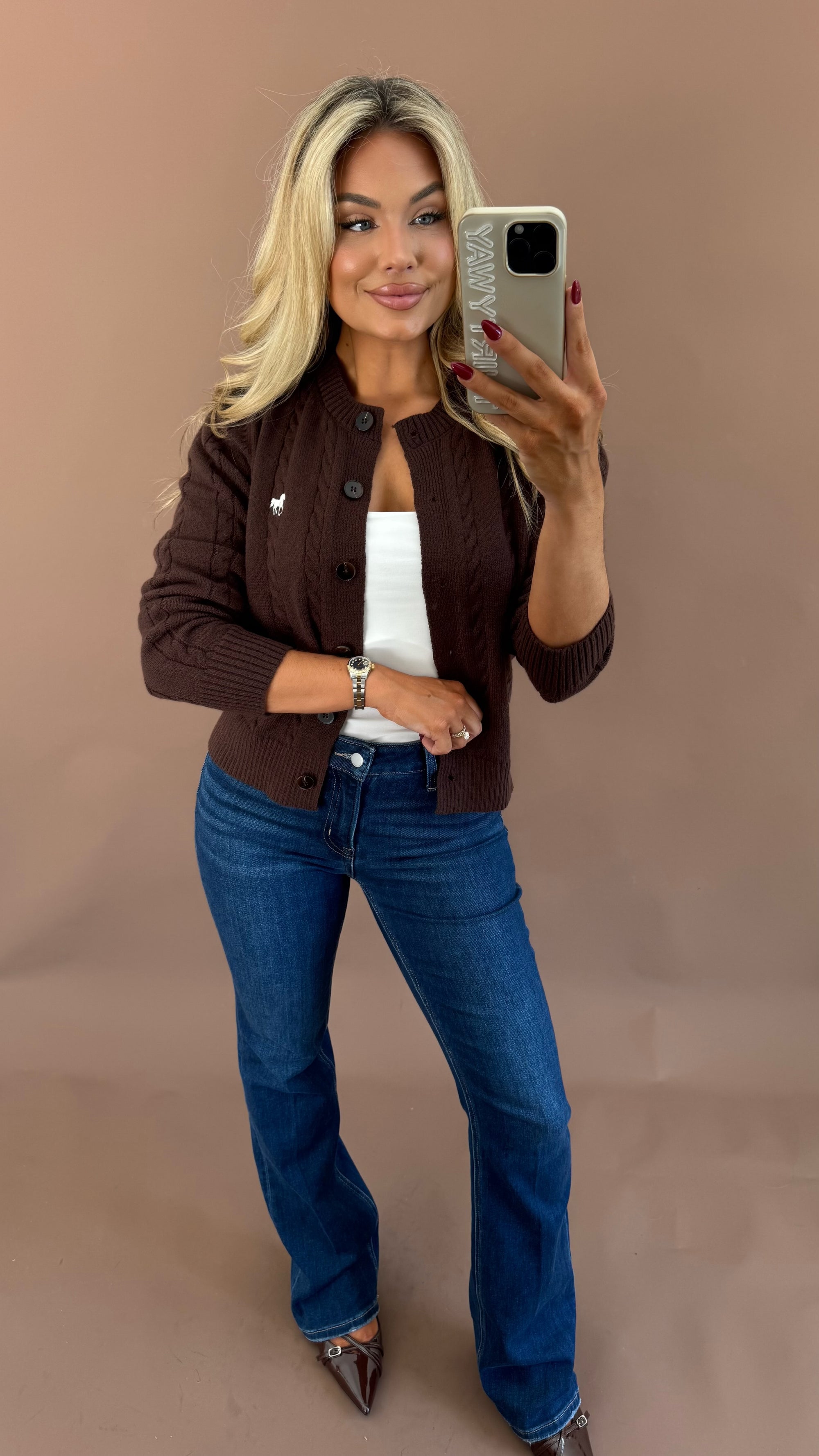 HARVARD HORSE EMBROIDERED CARDIGAN BROWN