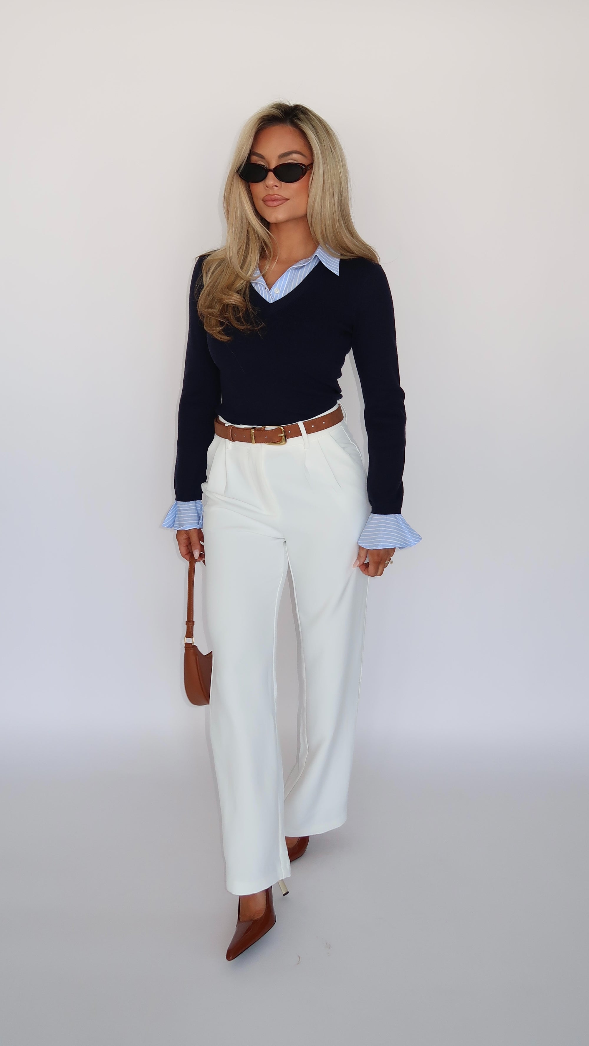 CAMPBELL STRIPE MIXED SWEATER TOP NAVY