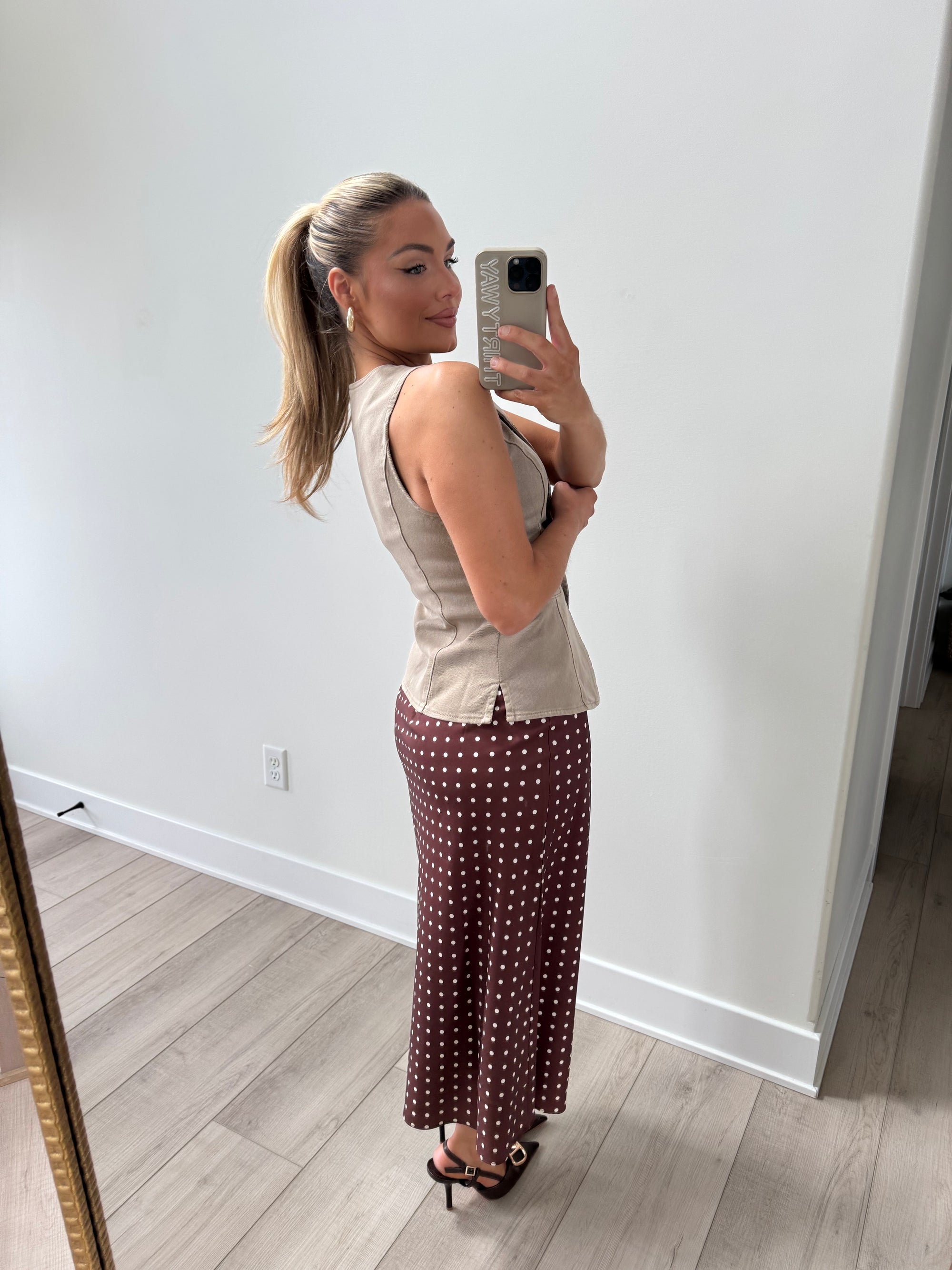 BROWN POLKA DOT MIDI SKIRT
