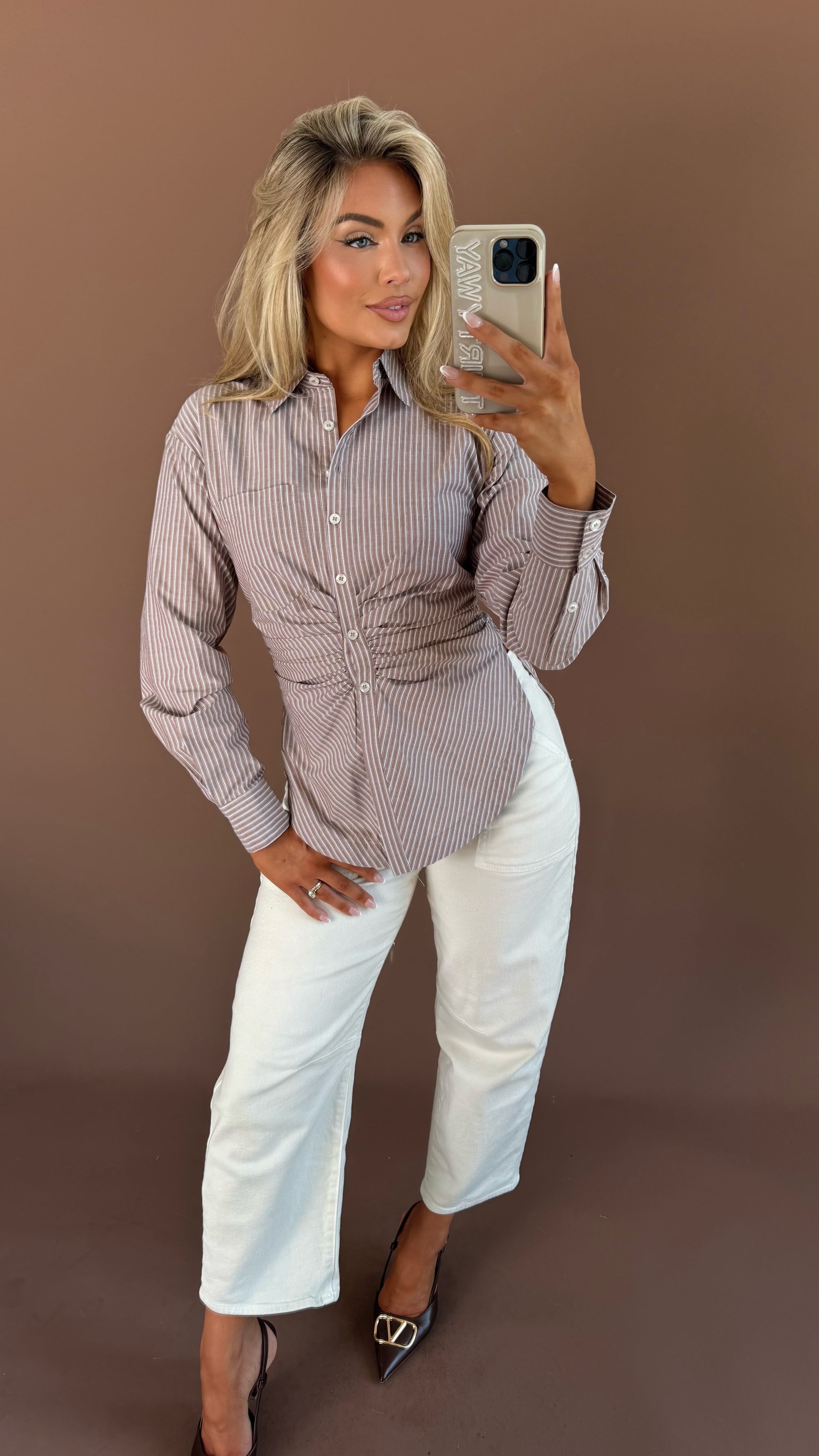 DOLCE RUCHED BUTTON DOWN TOP BROWN STRIPE