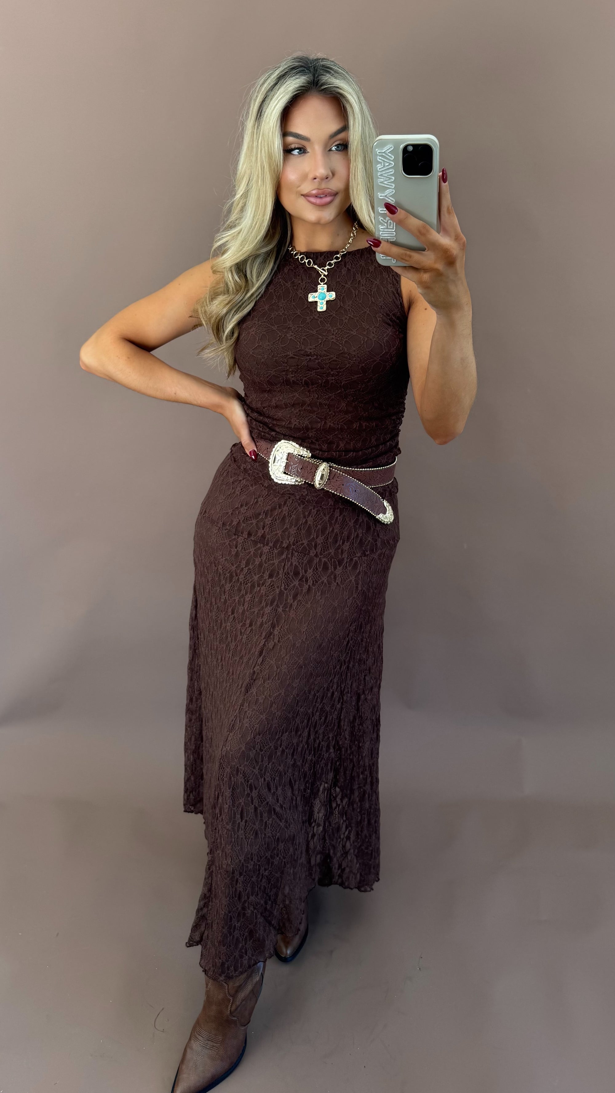 LACE MAXI SKIRT BROWN