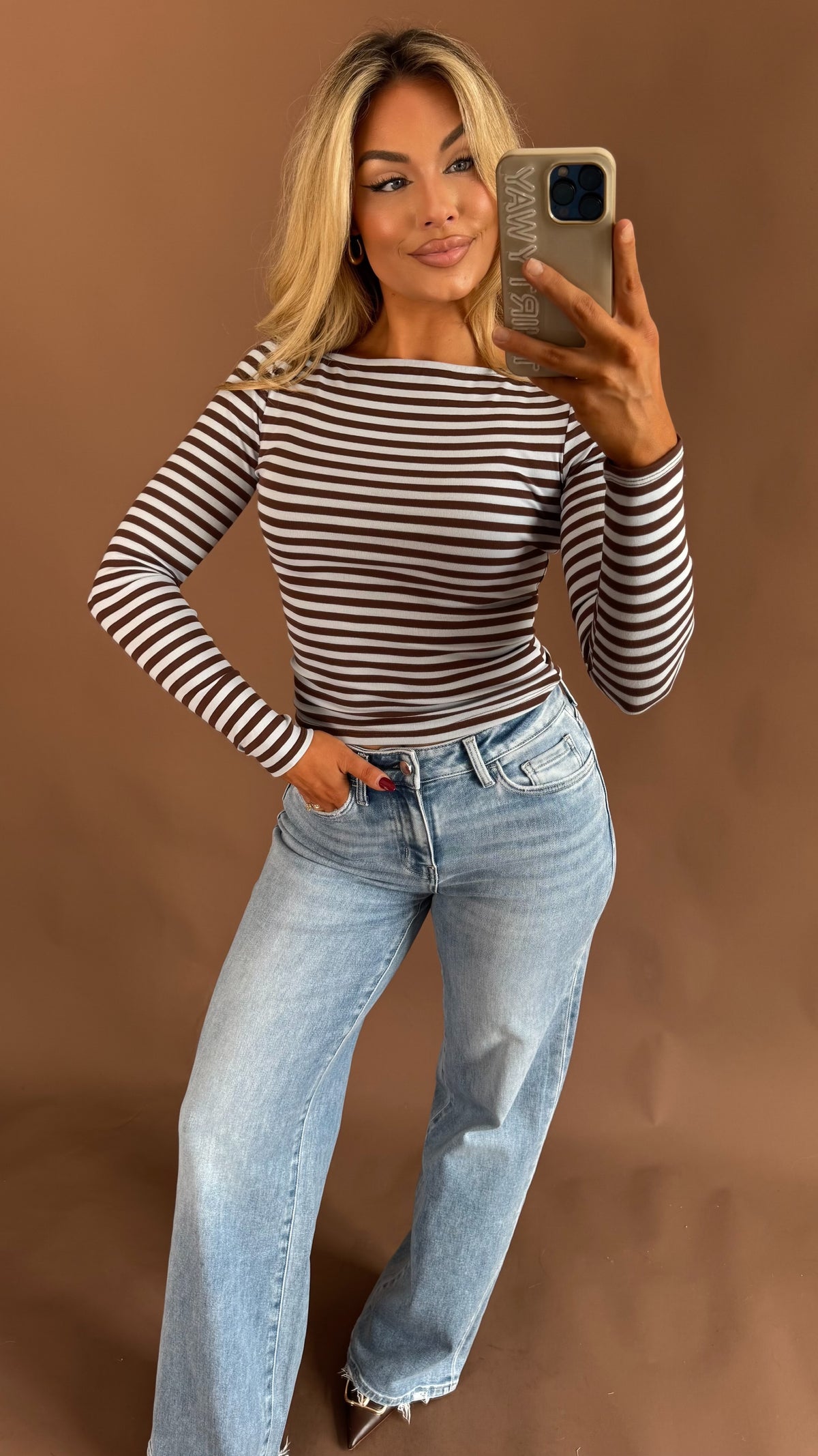 ZOE STRIPED BOAT NECK TOP BLUE/BROWN