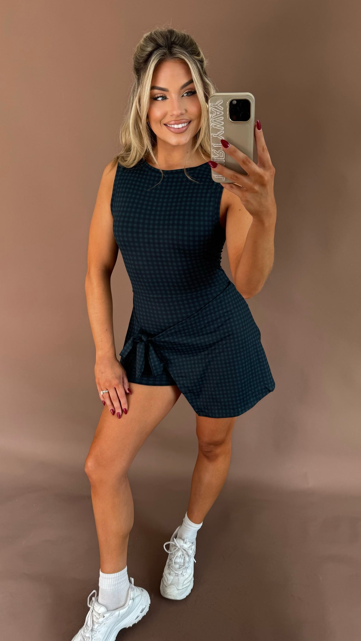 LENNON WRAP TIE ROMPER DRESS NAVY GINGHAM