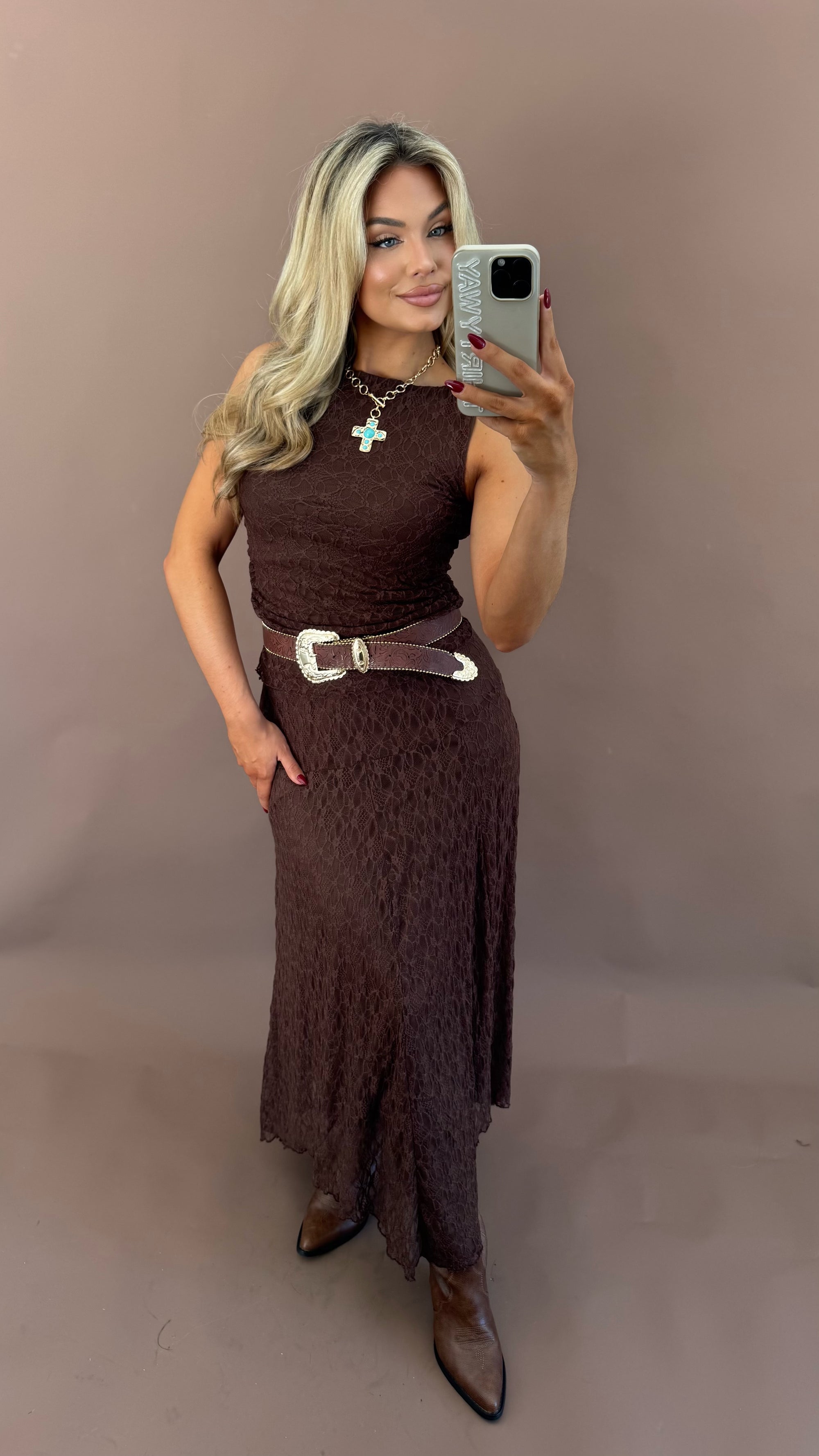 LACE MAXI SKIRT BROWN
