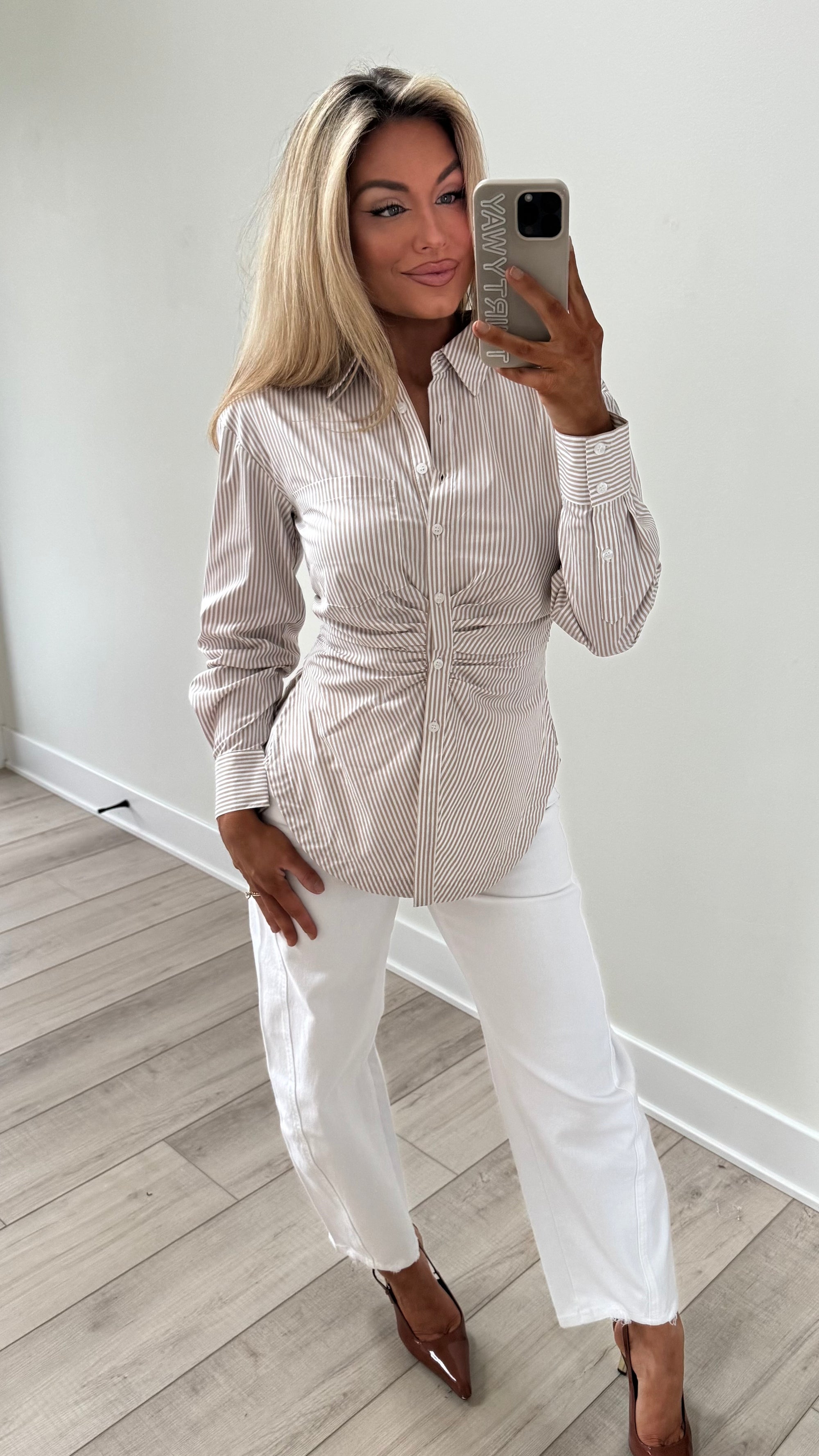 DOLCE RUCHED BUTTON DOWN TOP TAUPE