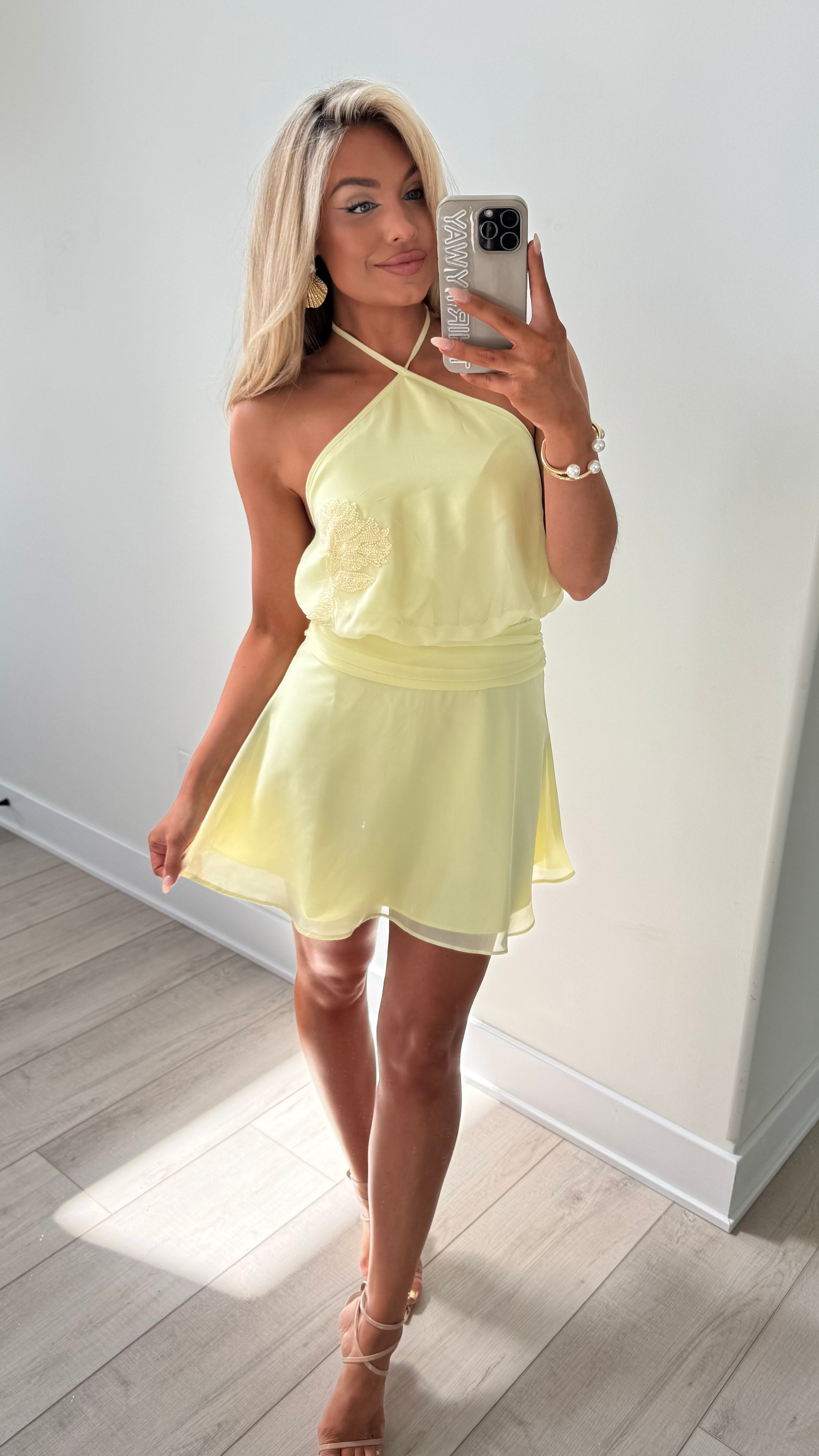 LEMON SQUEEZE HALTER MINI DRESS