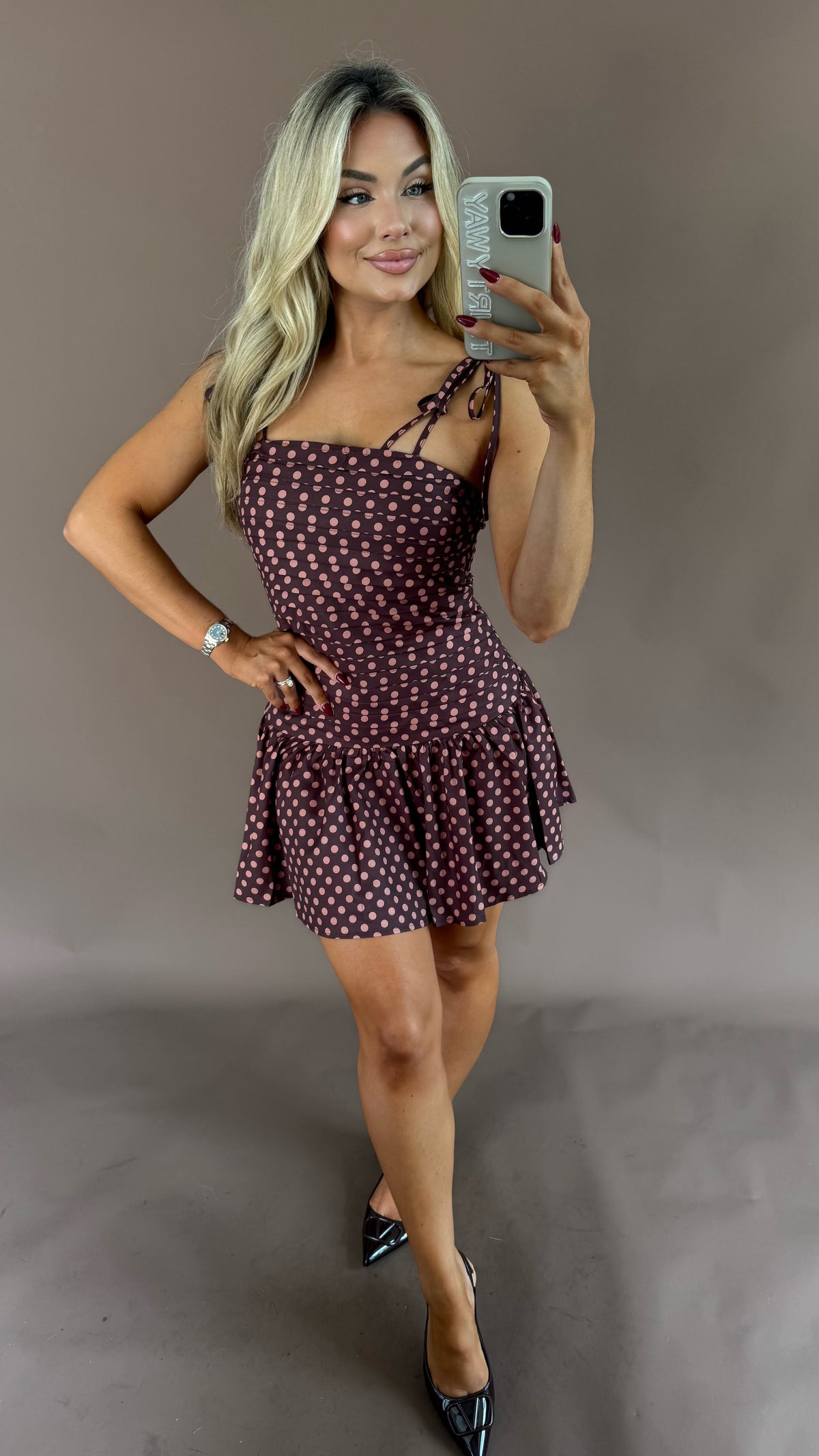 BRIELLE POLKA DOT MINI DRESS BROWN