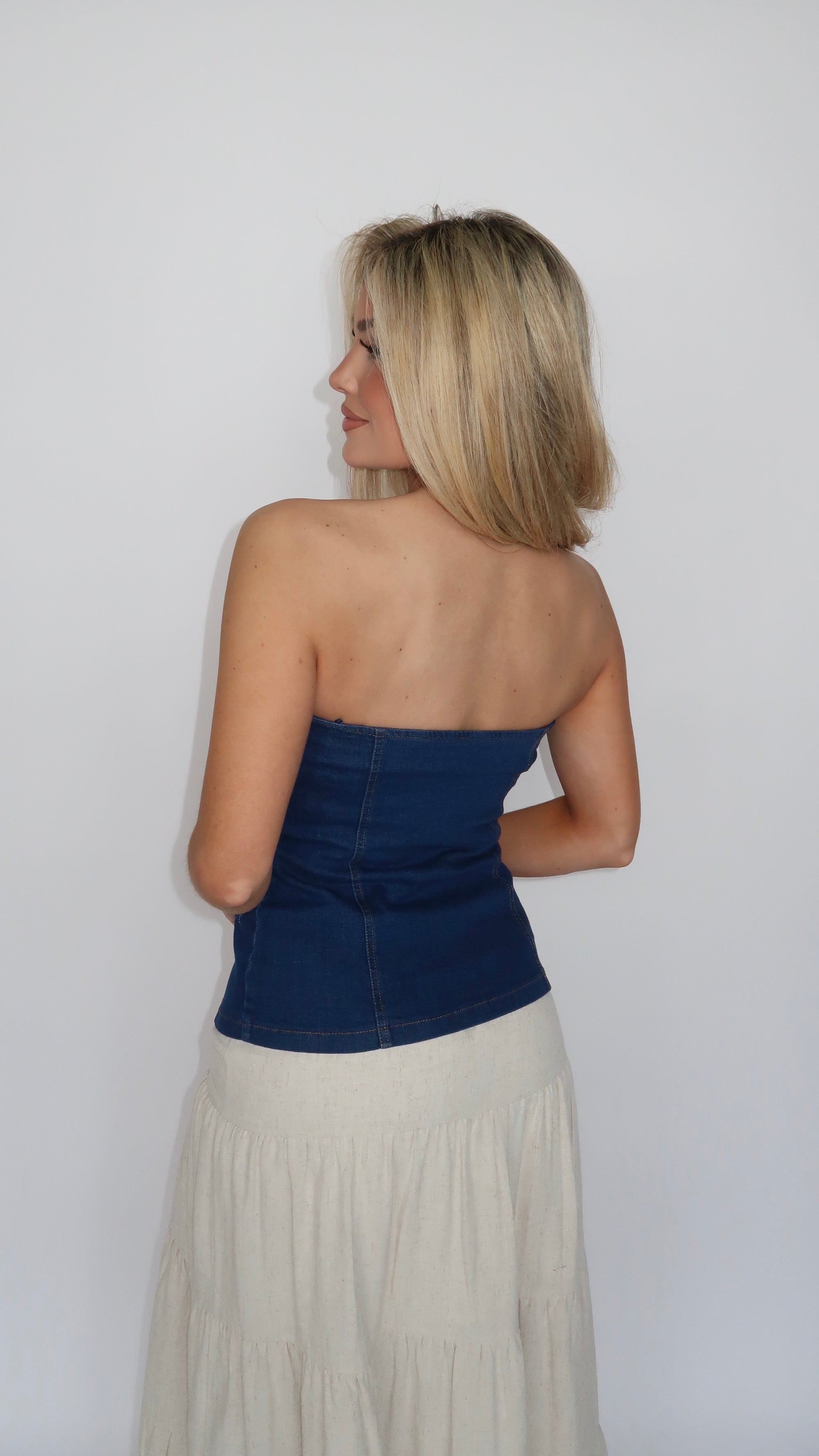 SADIE DENIM STRAPLESS TOP