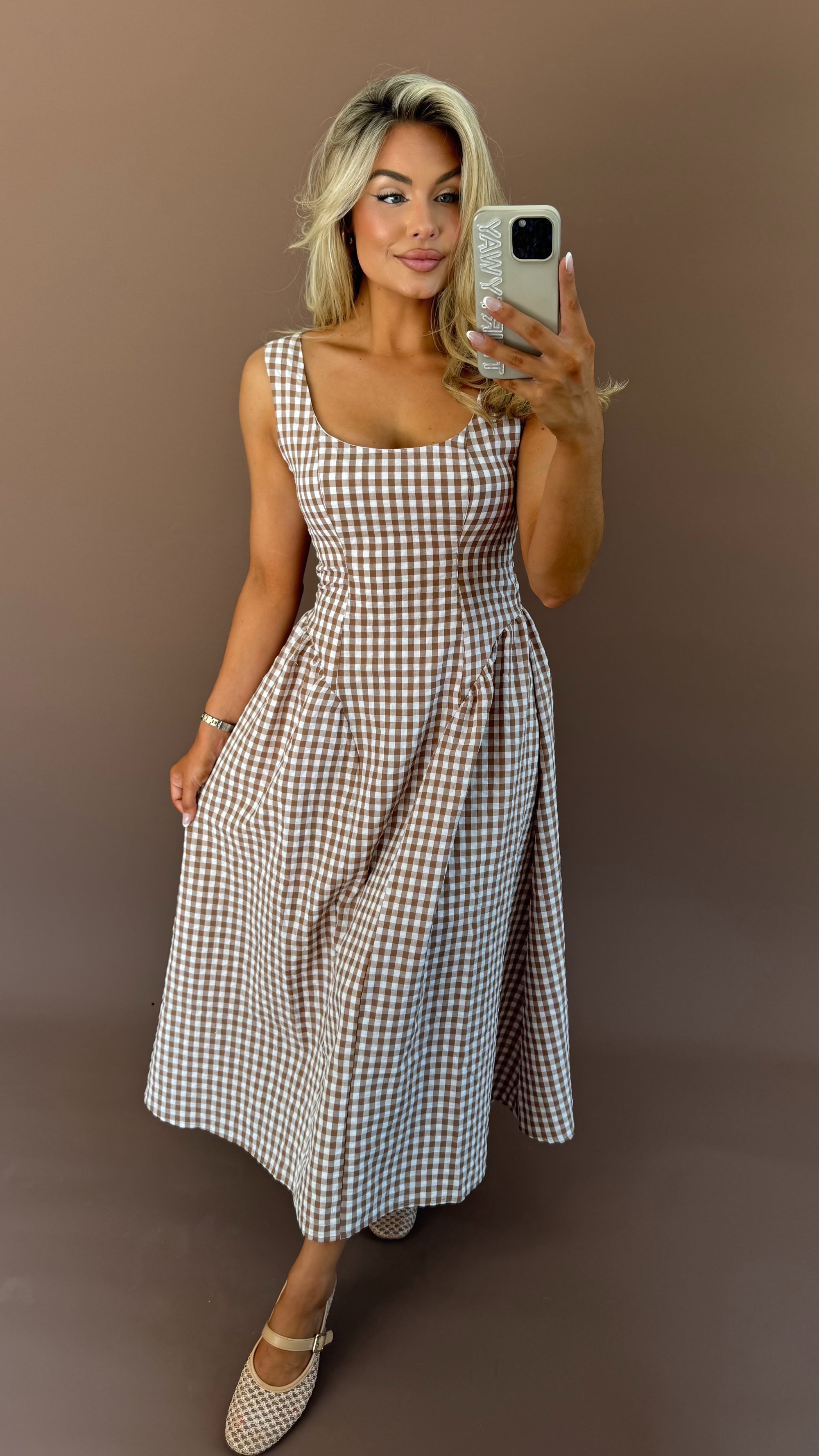 BASSET GINGHAM DROP WAIST MIDI DRESS