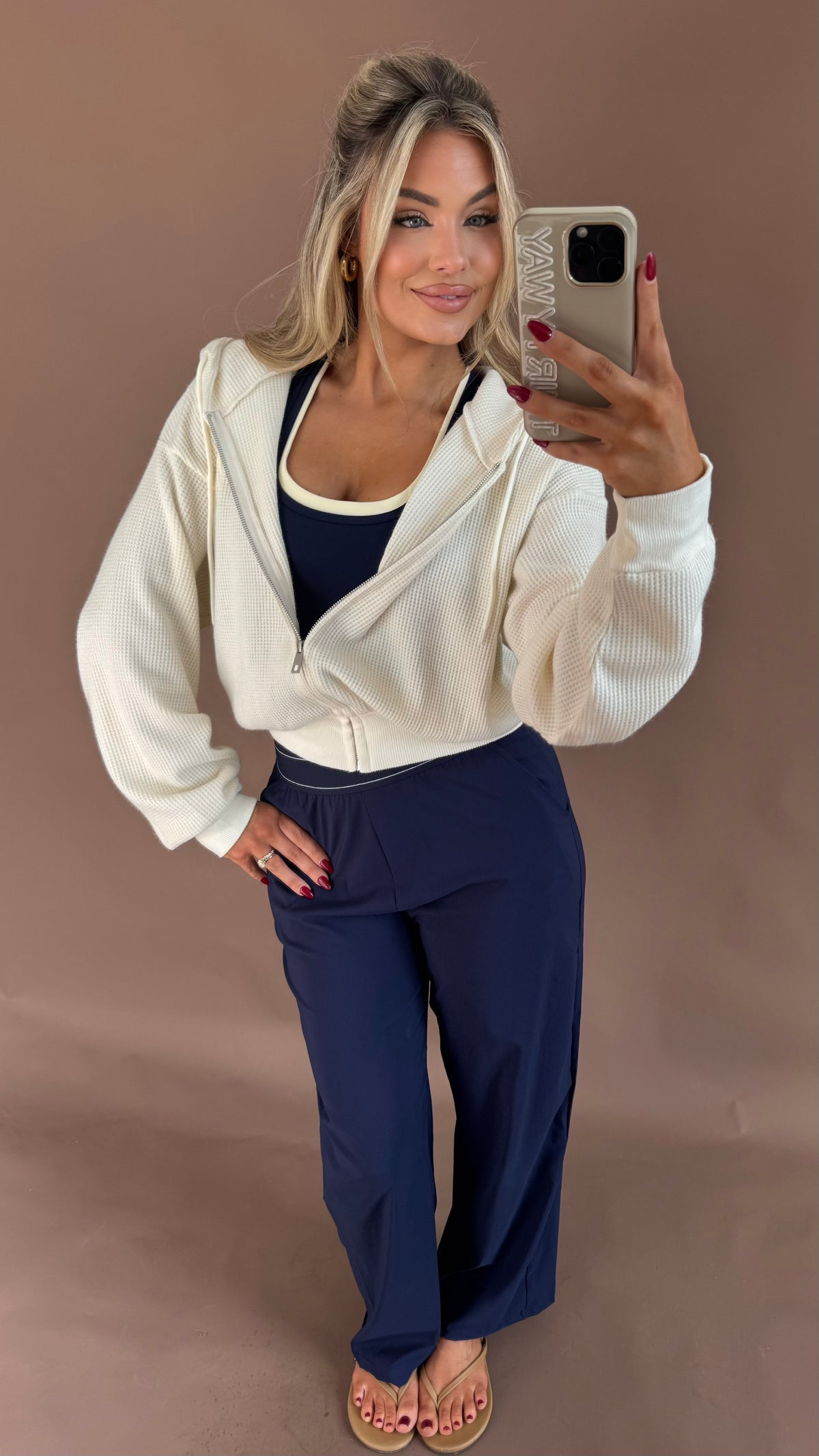 WAFFLE KNIT CROPPED ZIP UP CREAM