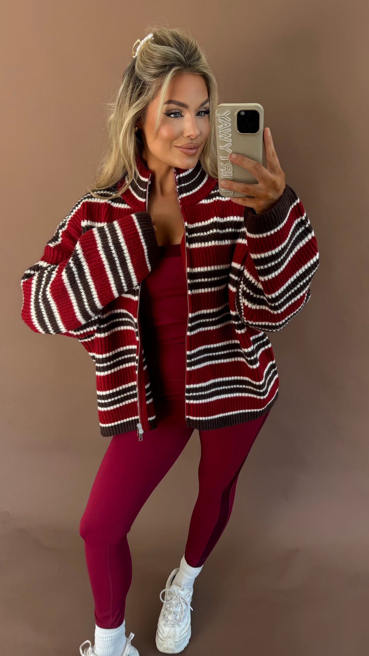 TATUM STRIPED ZIP UP BROWN MAROON