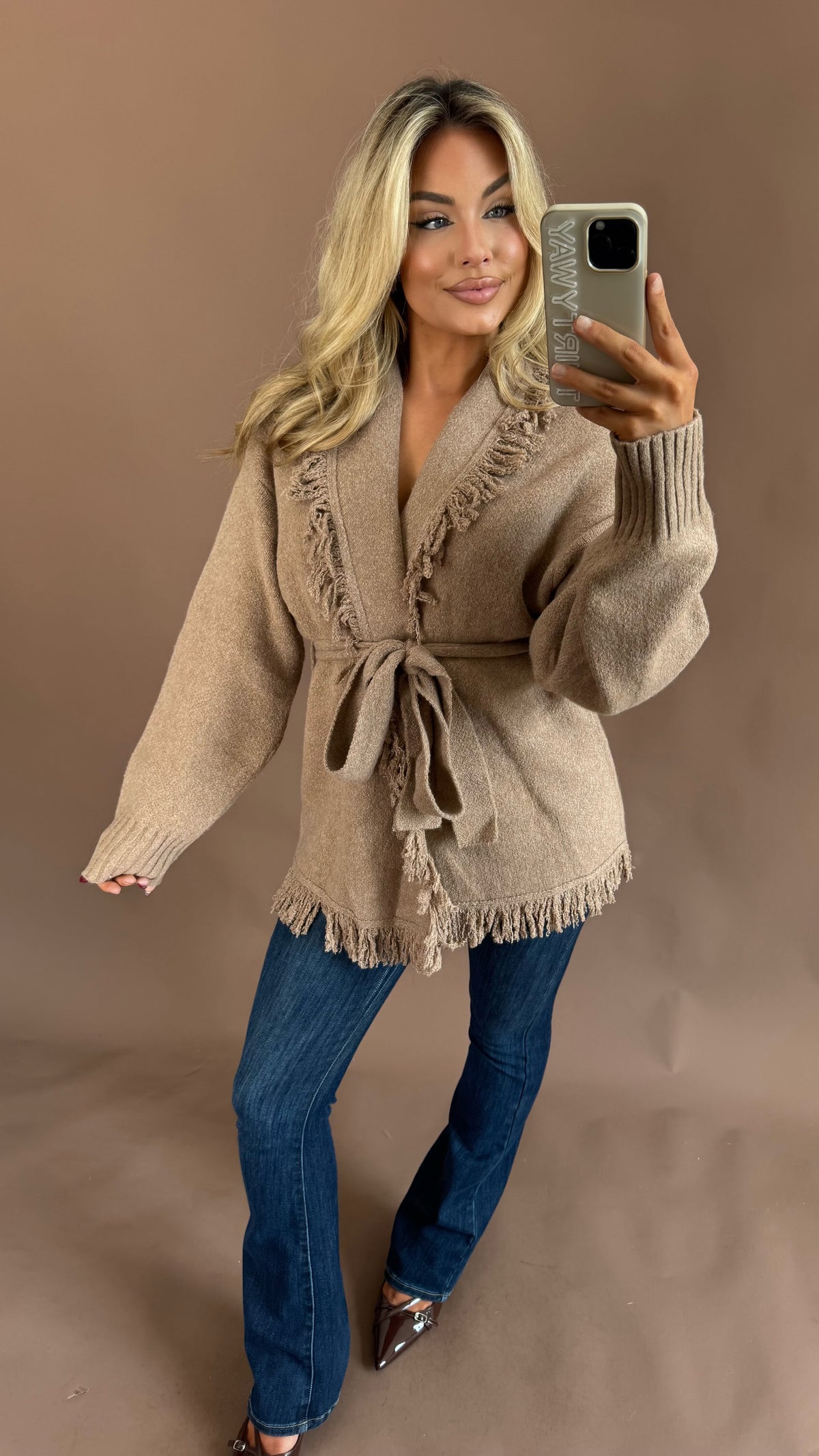 BAREFOOT FRINGE CARDIGAN MOCHA