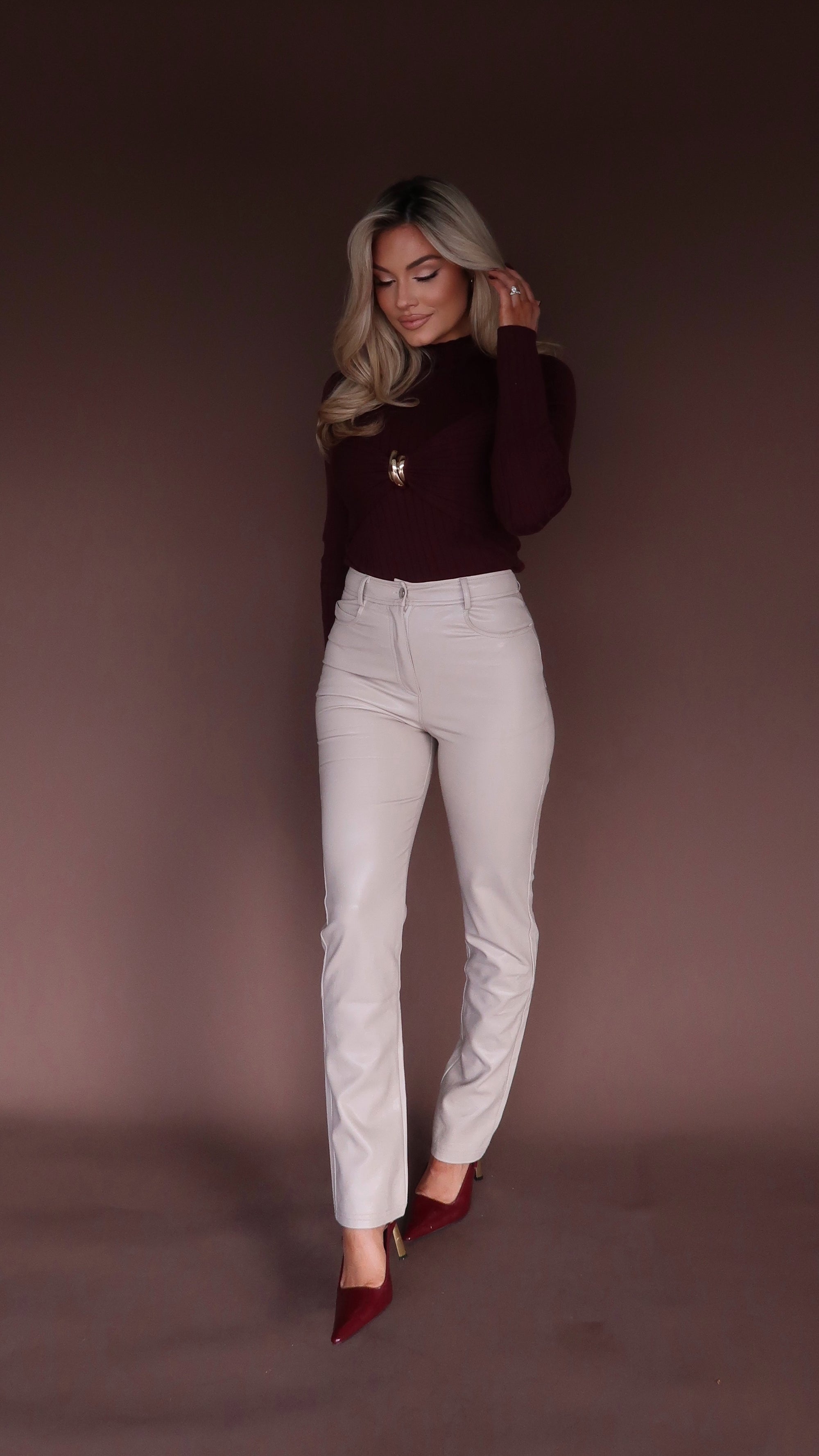 CLARET RIBBED MOCK NECK SWEATER TOP MERLOT