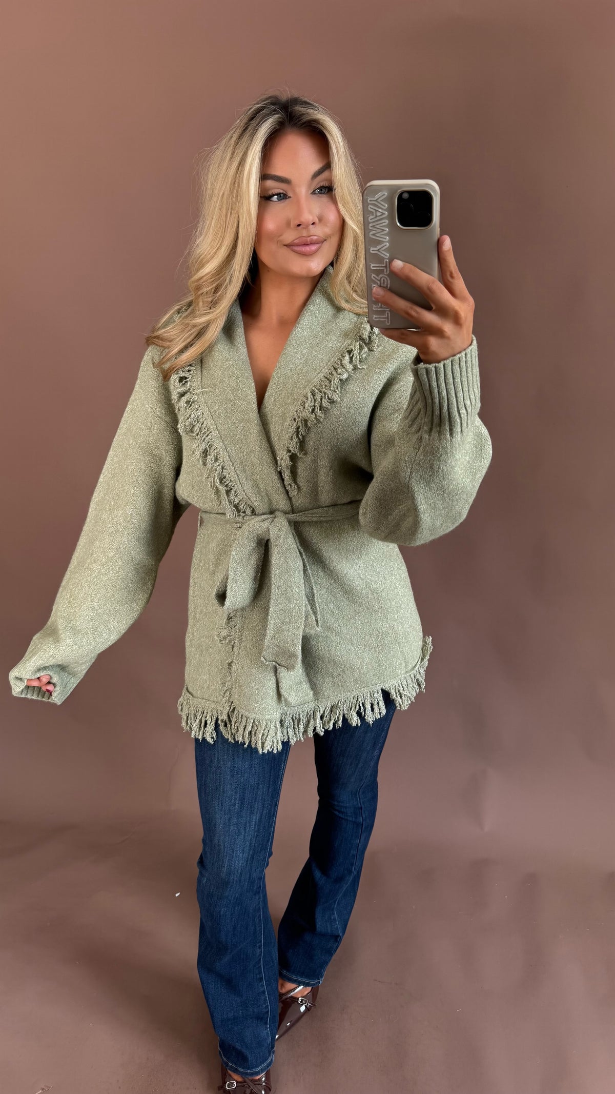 BAREFOOT FRINGE CARDIGAN SAGE