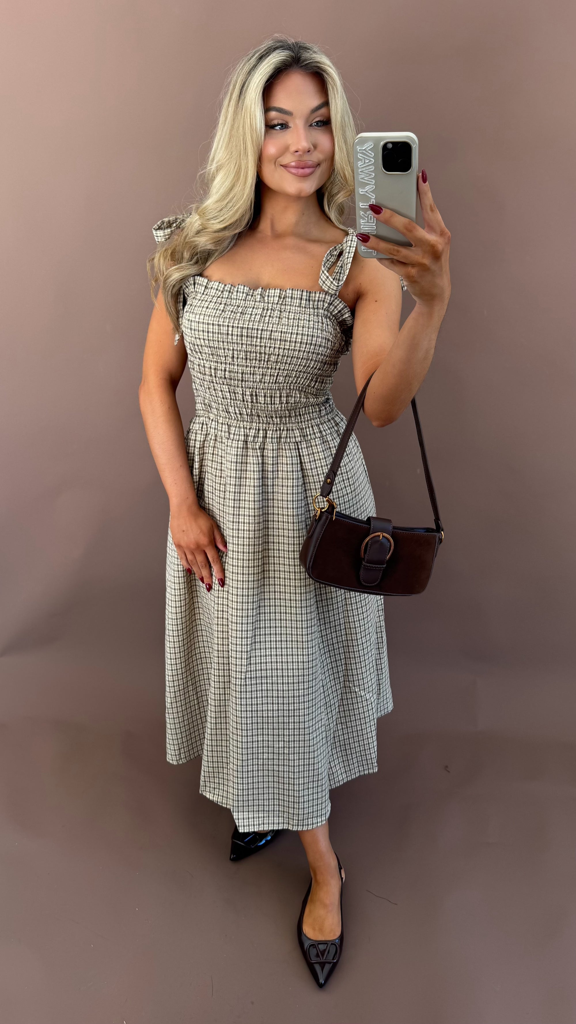 HICKORY PLAID MAXI DRESS BEIGE