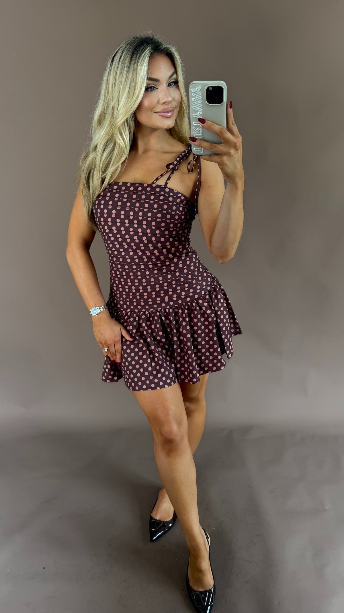 BRIELLE POLKA DOT MINI DRESS BROWN