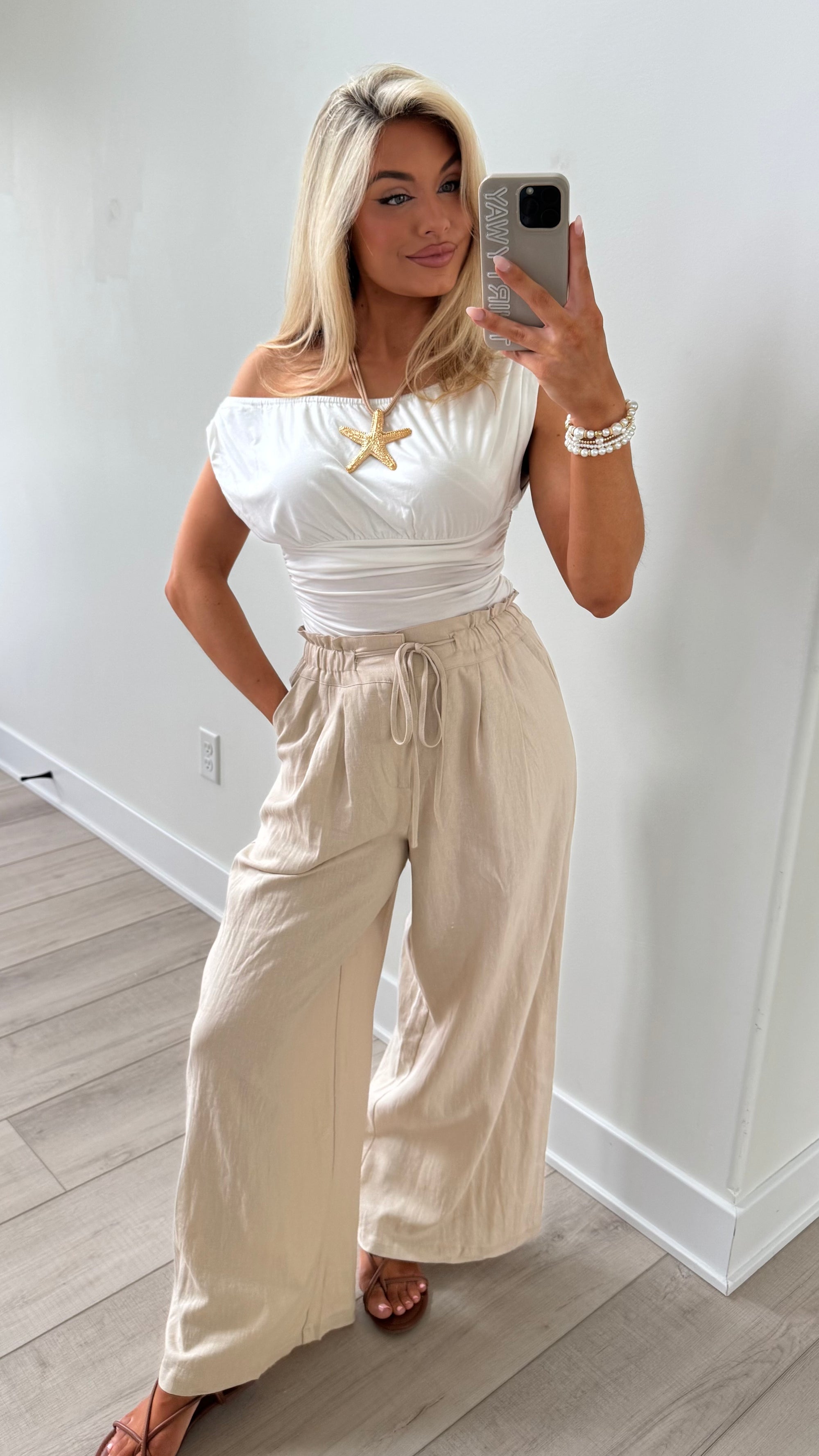 HIGH-WAISTED WIDE LEG WOVEN PANTS TAN