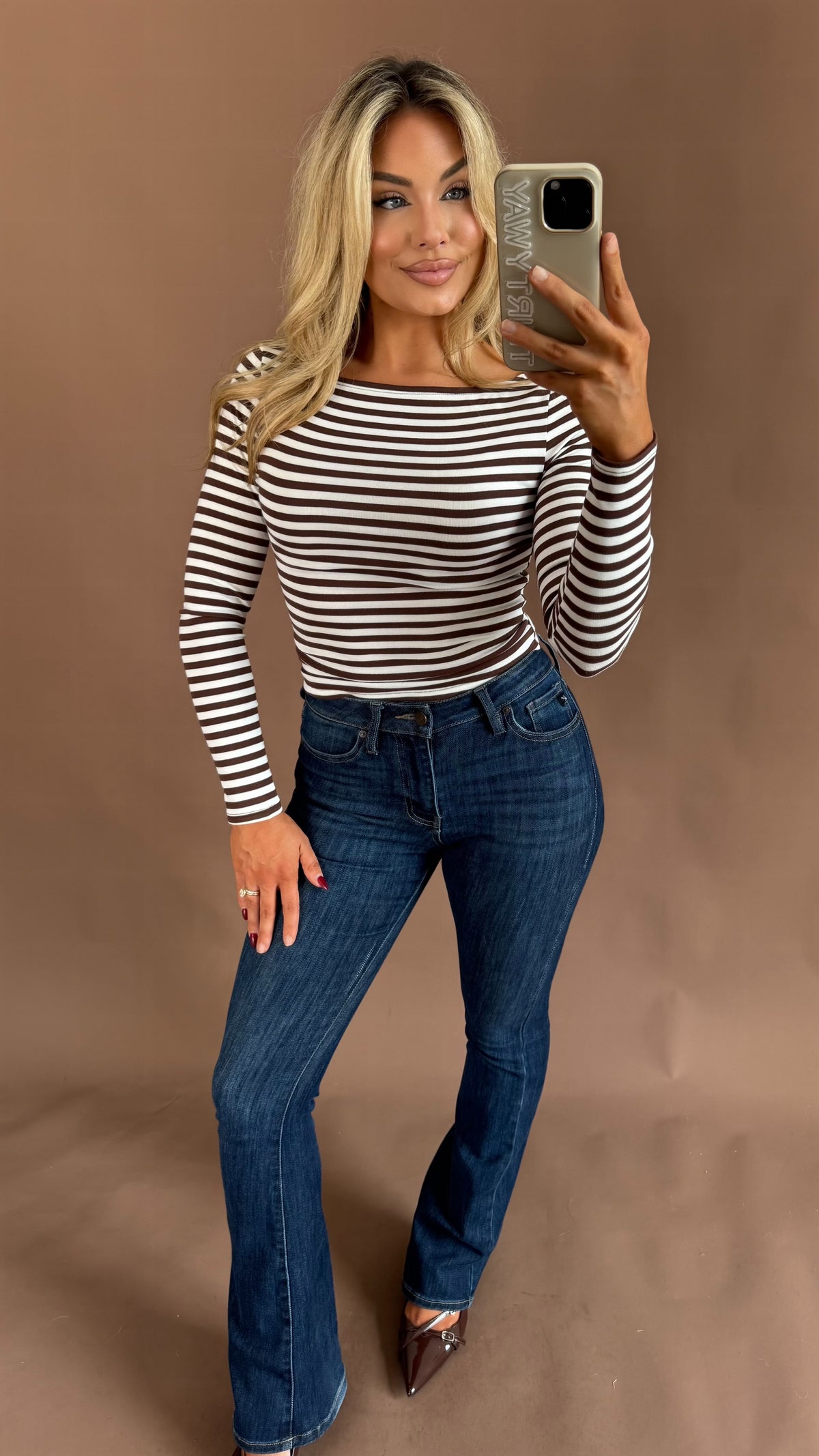 ZOE STRIPED BOAT NECK TOP CREAM/BROWN