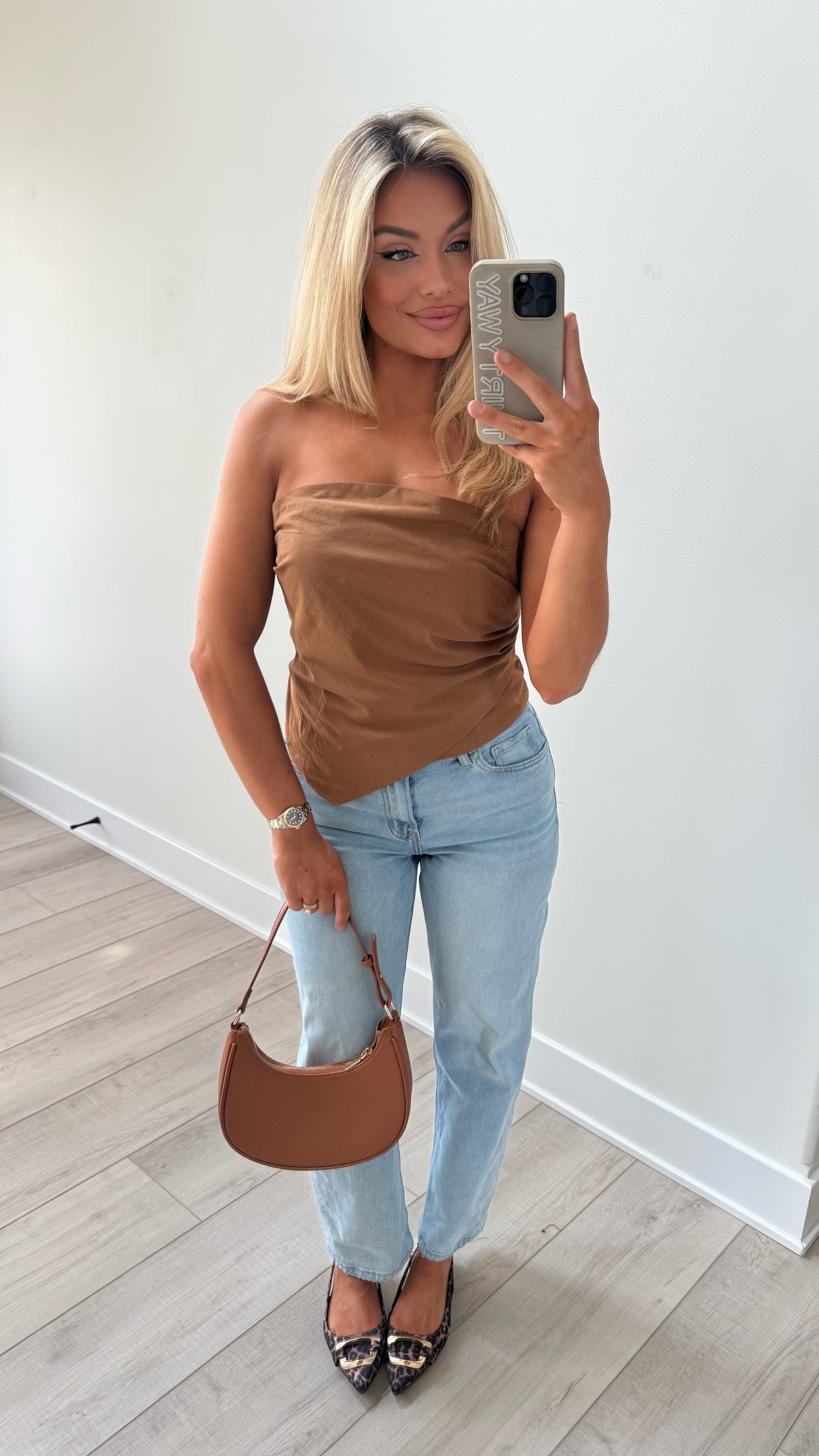 BROWN RUCHED STRAPLESS TOP