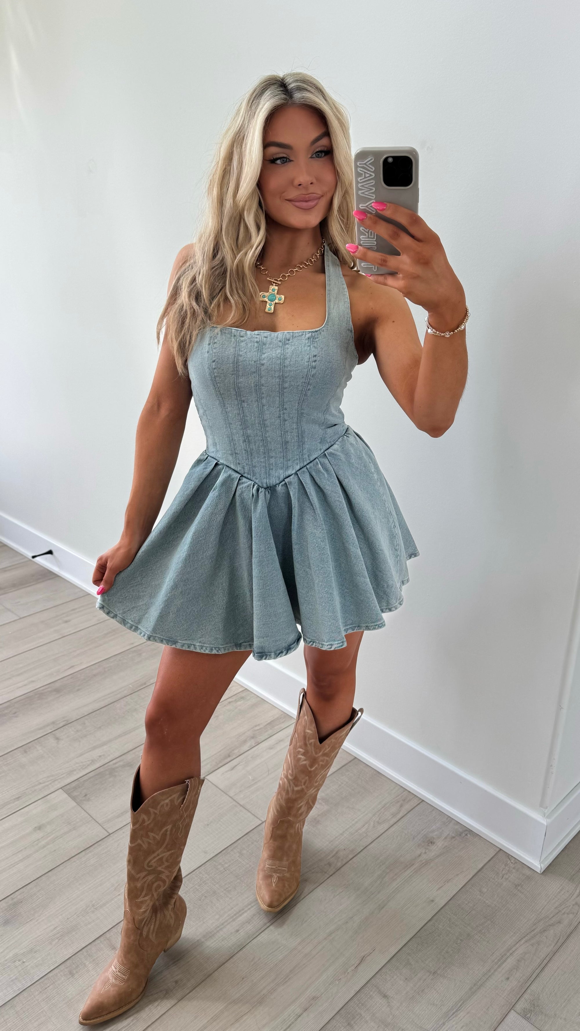 BLUE SPUR HALTER DENIM DRESS