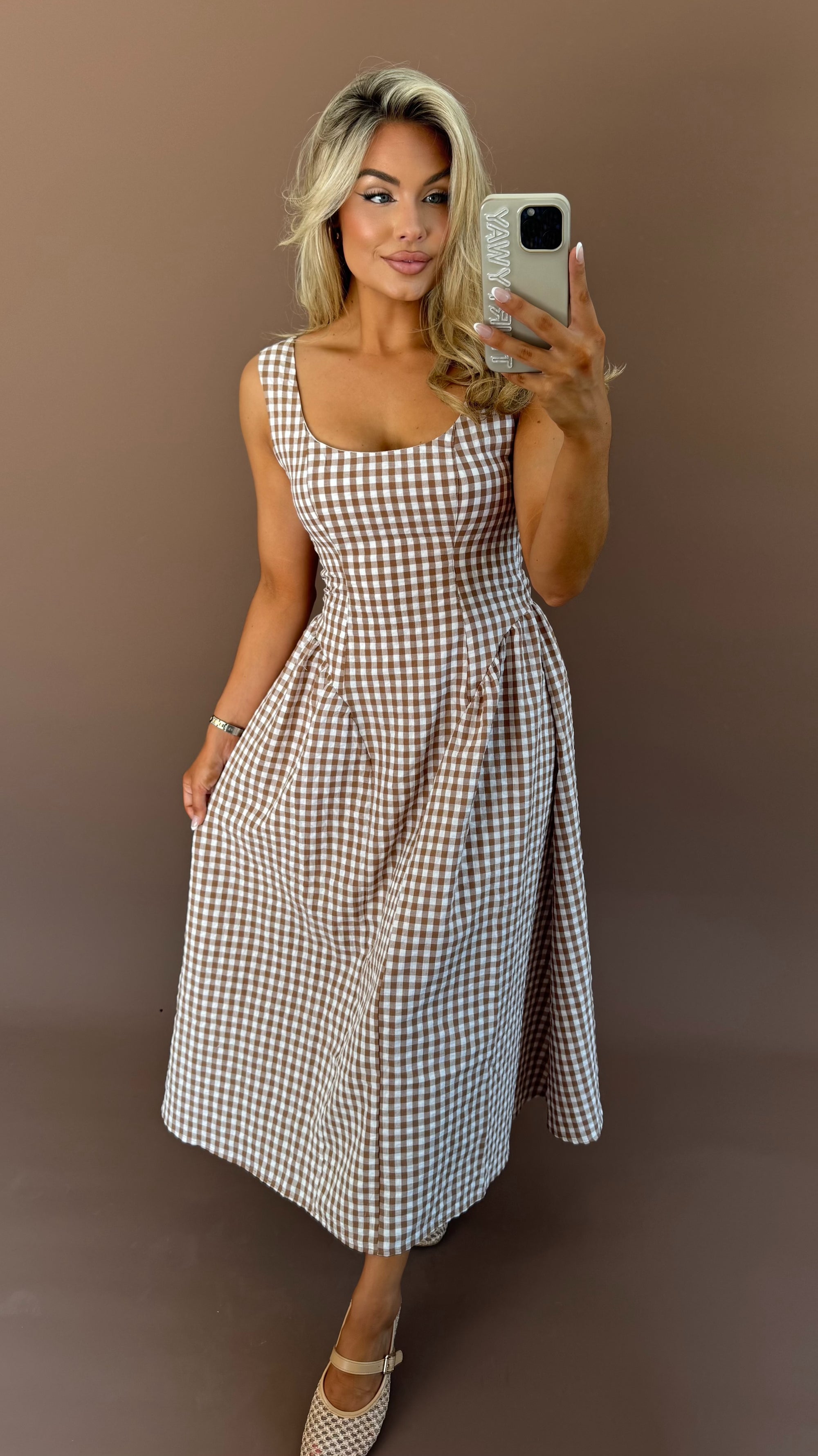 BASSET GINGHAM DROP WAIST MIDI DRESS