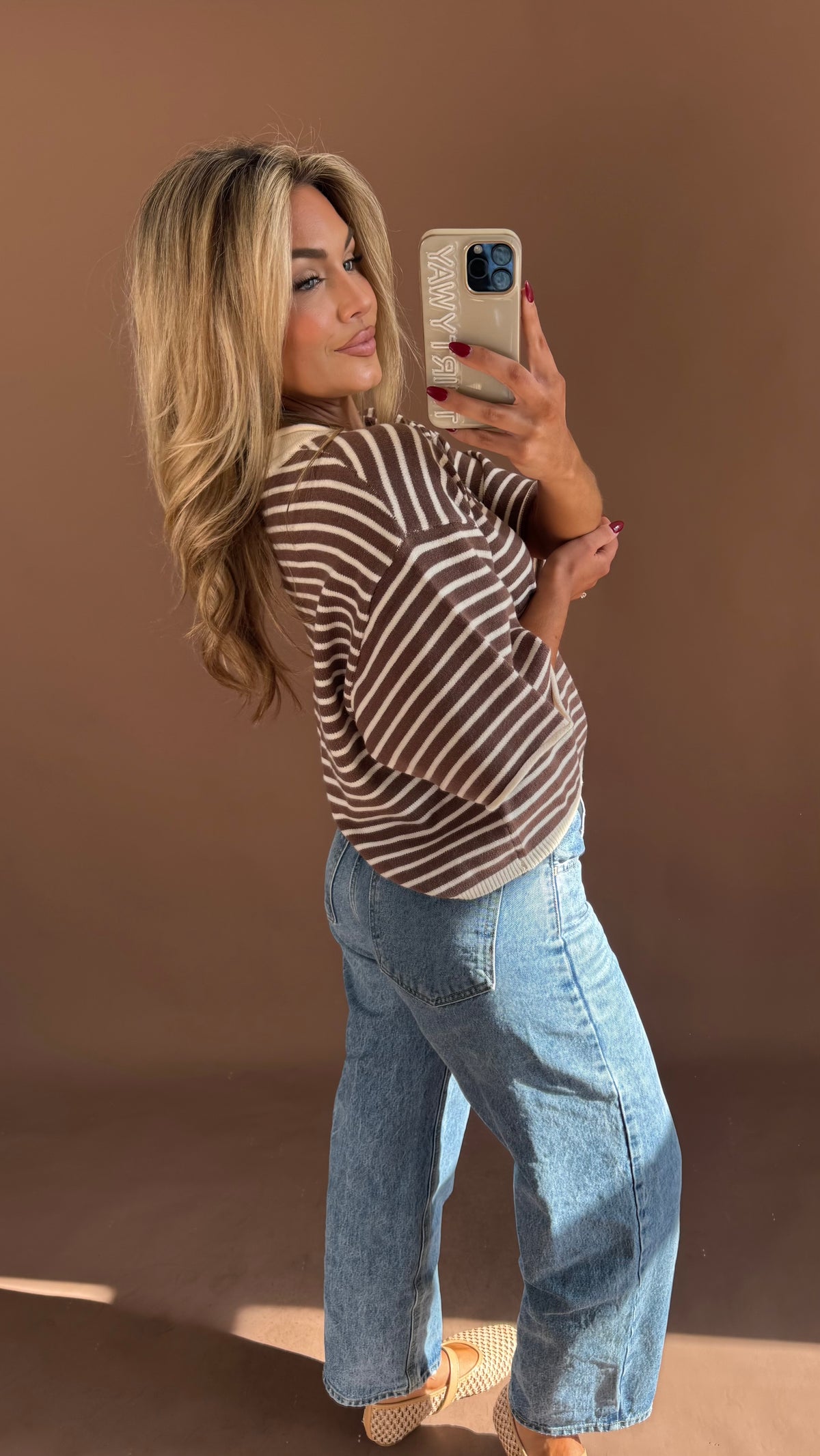 STRIPED HENLEY TOP BROWN