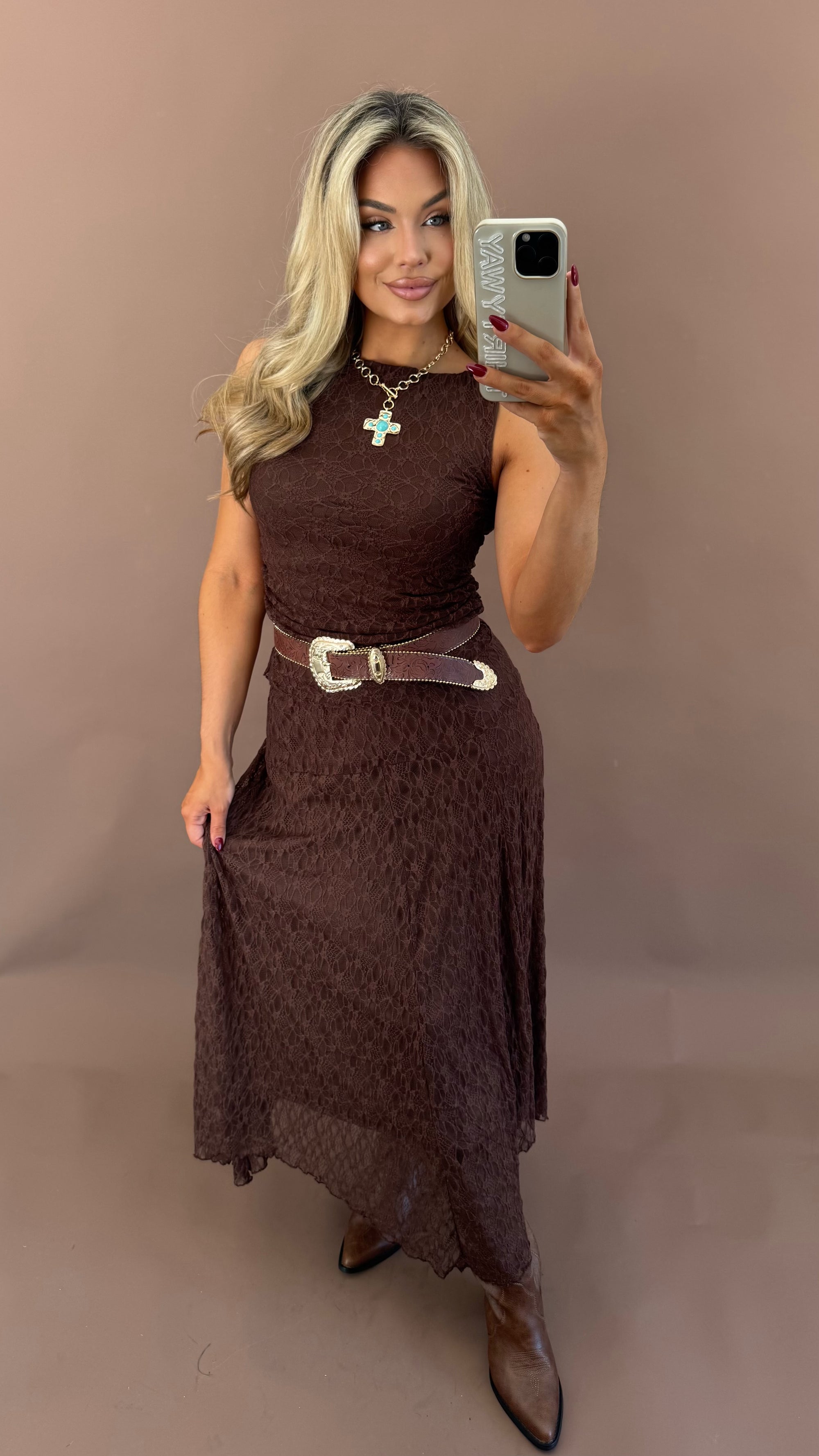 LACE MAXI SKIRT BROWN