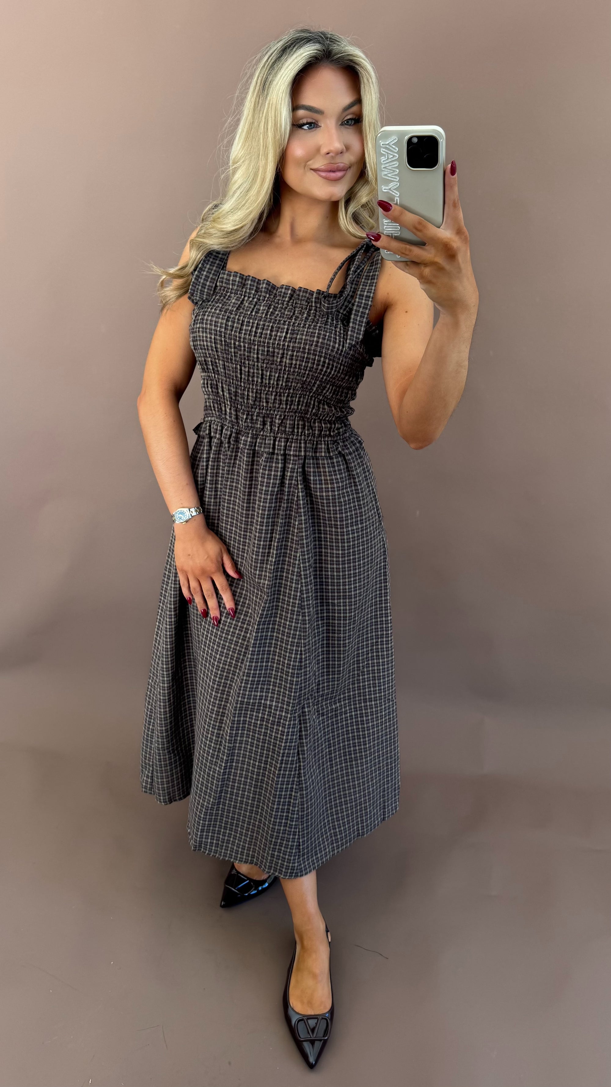 HICKORY PLAID MIDI DRESS BROWN