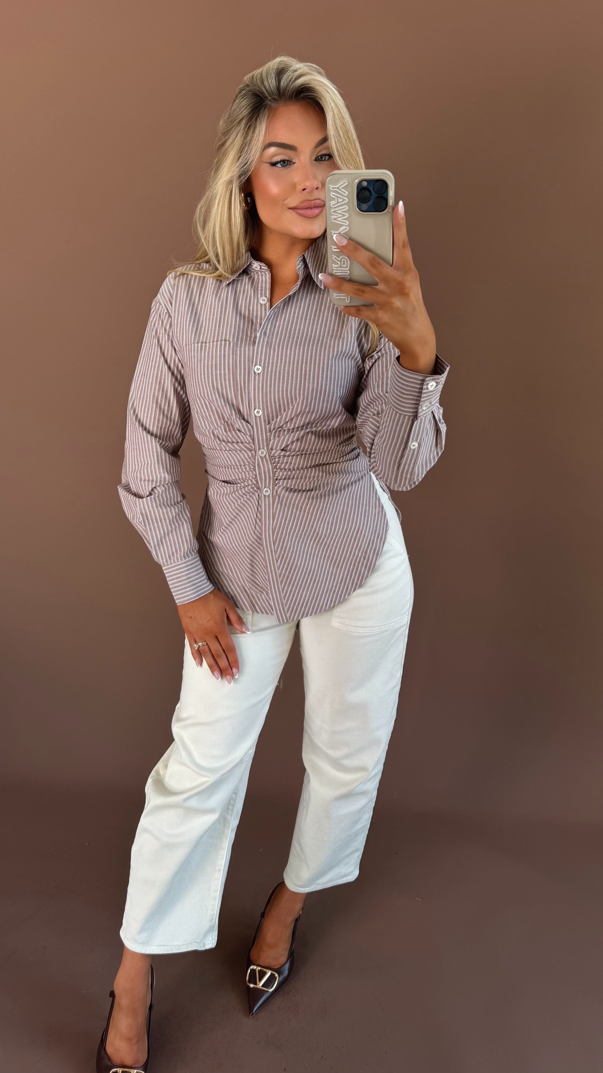 DOLCE RUCHED BUTTON DOWN TOP BROWN STRIPE