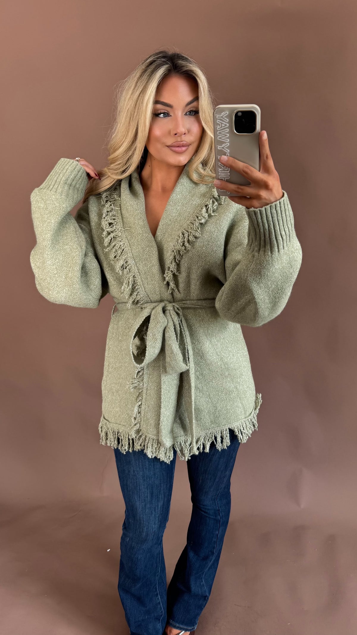 BAREFOOT FRINGE CARDIGAN SAGE