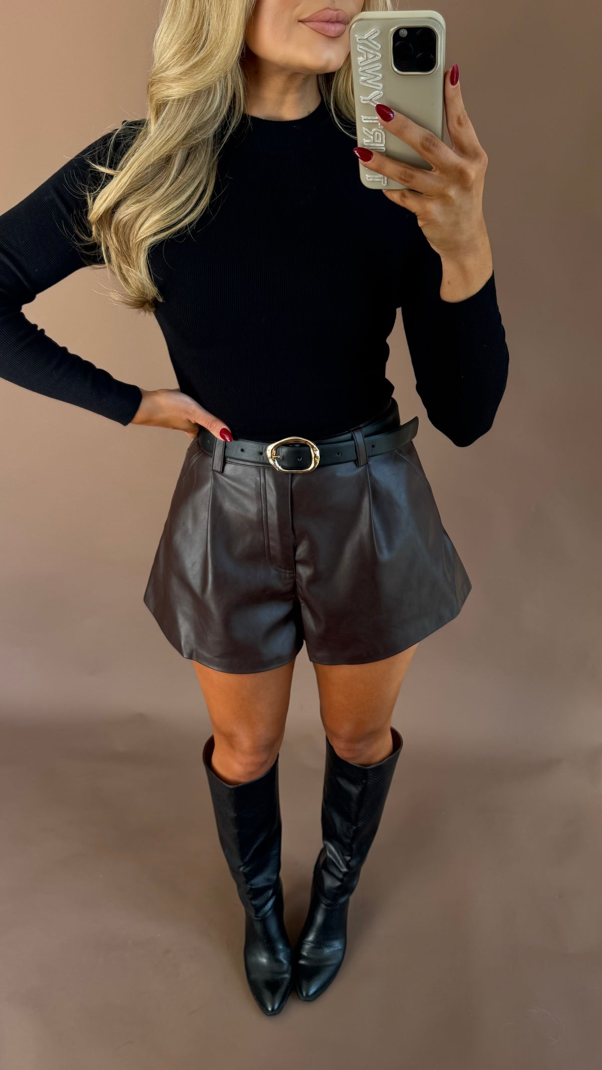 MCRAE HIGH WAISTED FLARED LEATHER SHORTS OAK
