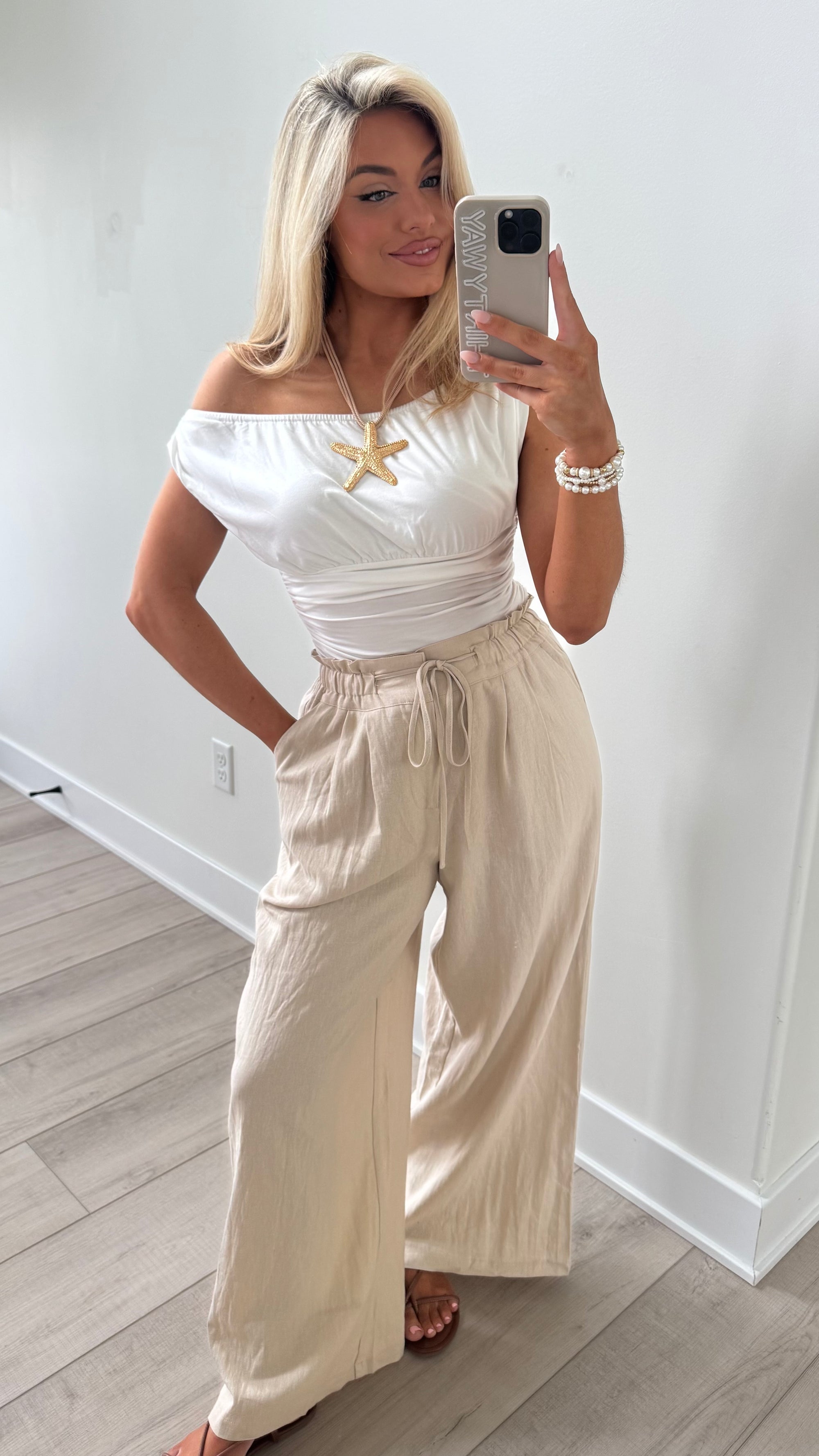 HIGH-WAISTED WIDE LEG WOVEN PANTS TAN