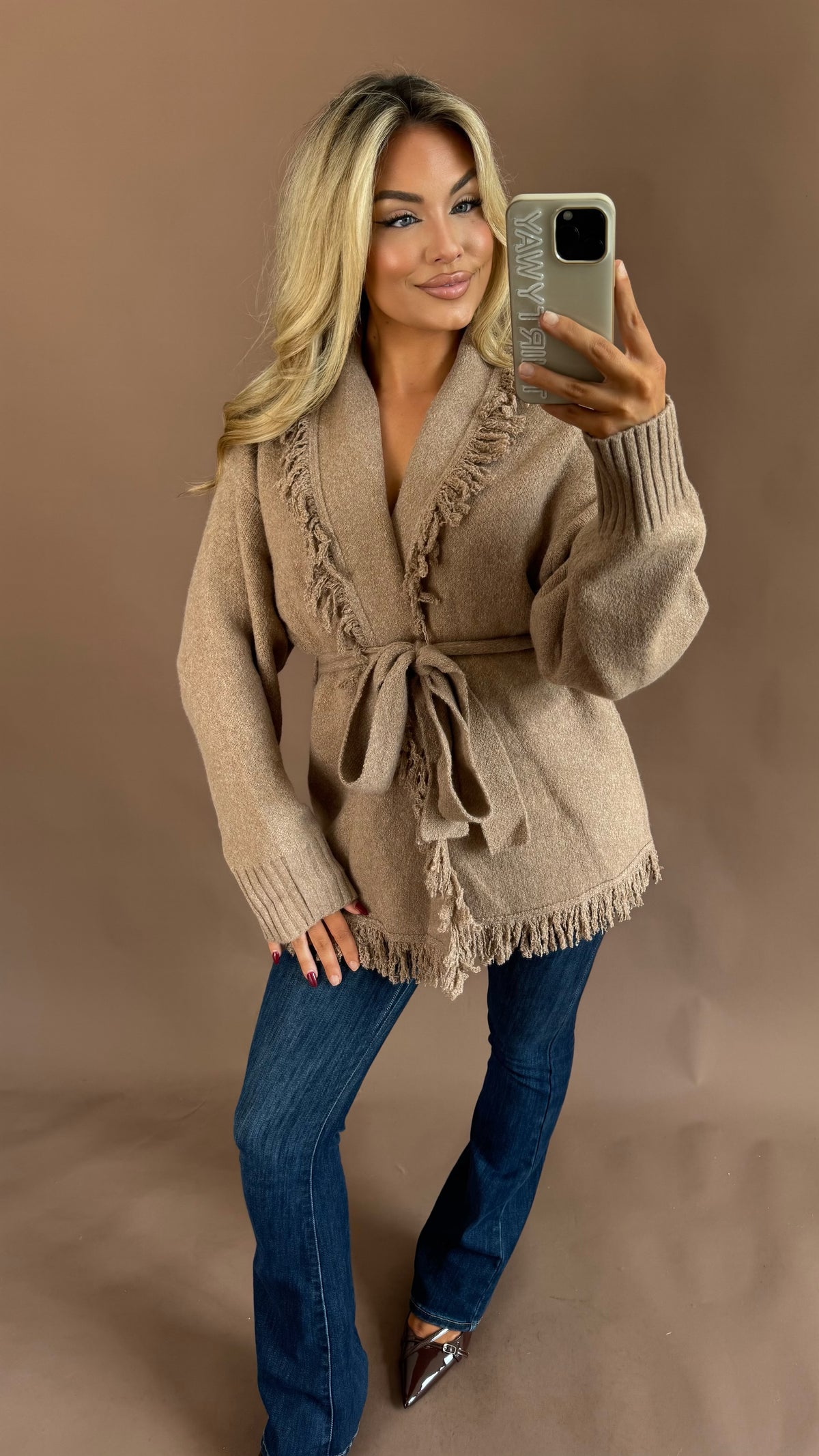 BAREFOOT FRINGE CARDIGAN MOCHA