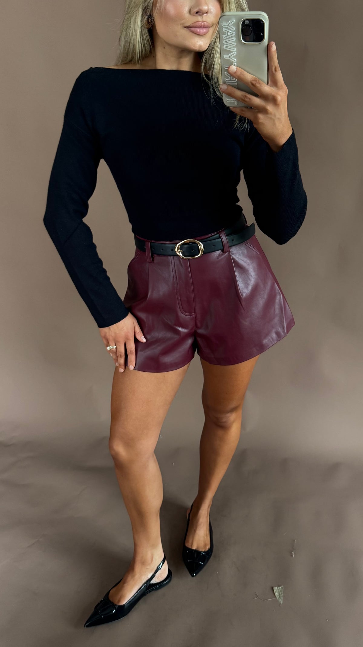 MCRAE HIGH WAISTED FLARED LEATHER SHORTS BURGUNDY