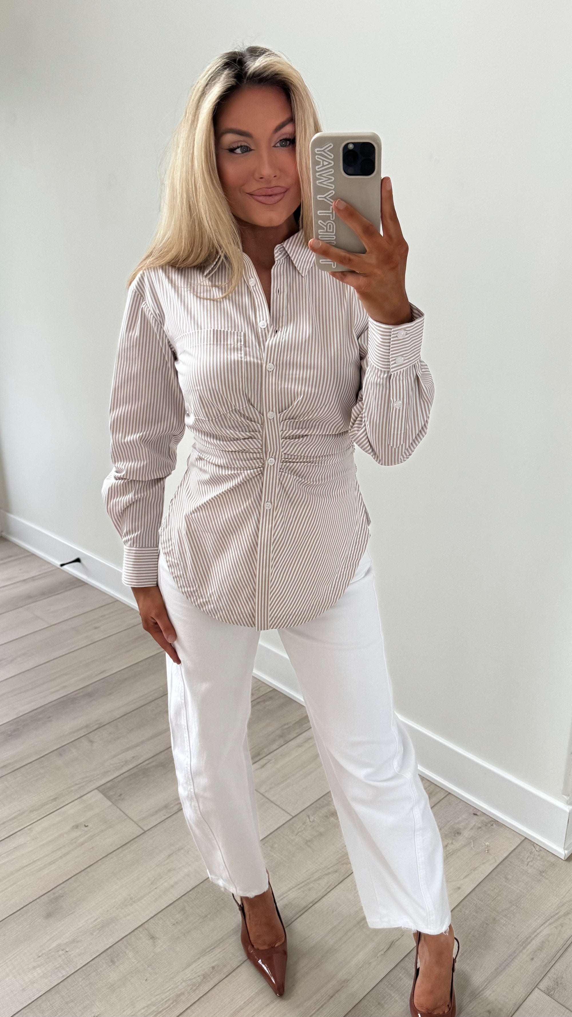 DOLCE RUCHED BUTTON DOWN TOP TAUPE