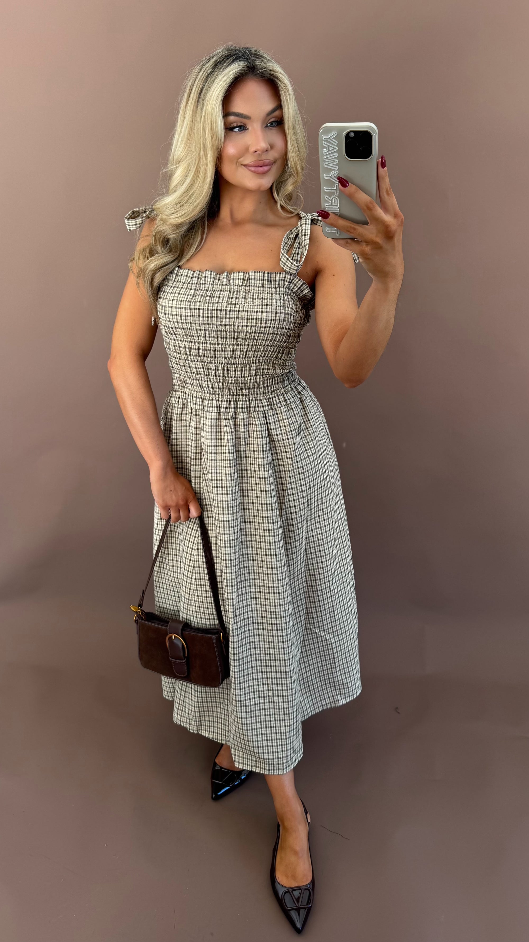 HICKORY PLAID MAXI DRESS BEIGE