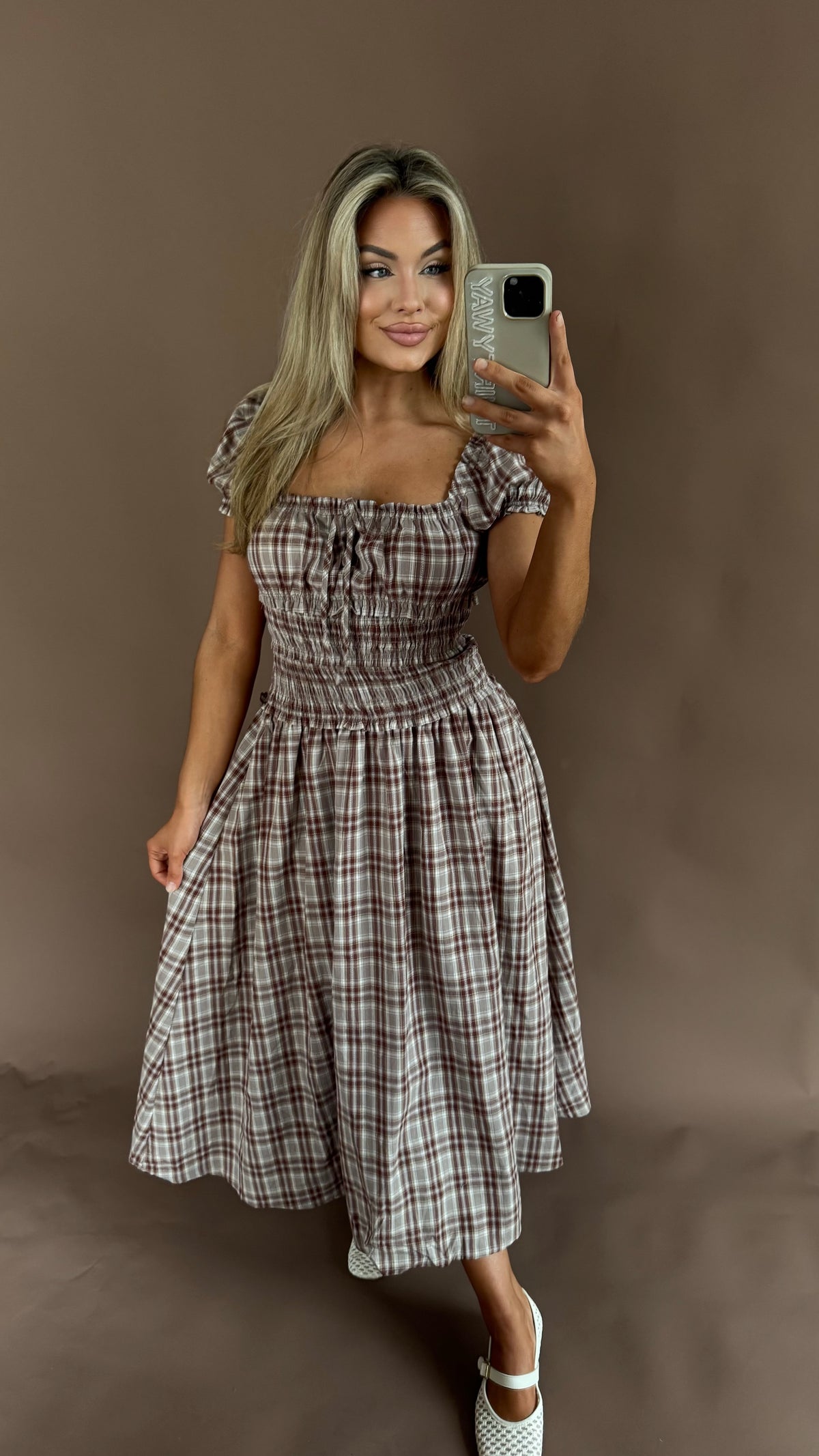 BERRY PLAID SMOCKED MAXI DRESS