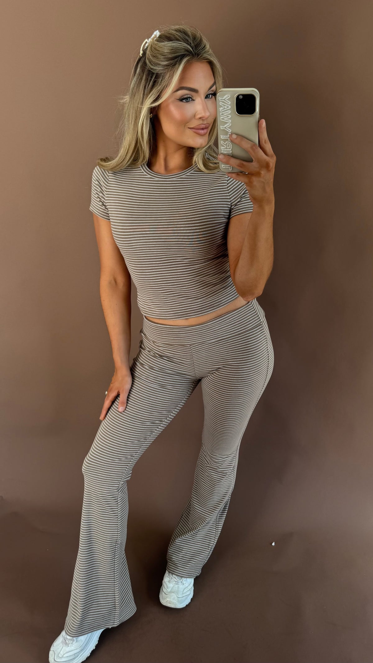BROWN MATCHA STRIPED LOW RISE PANT SET
