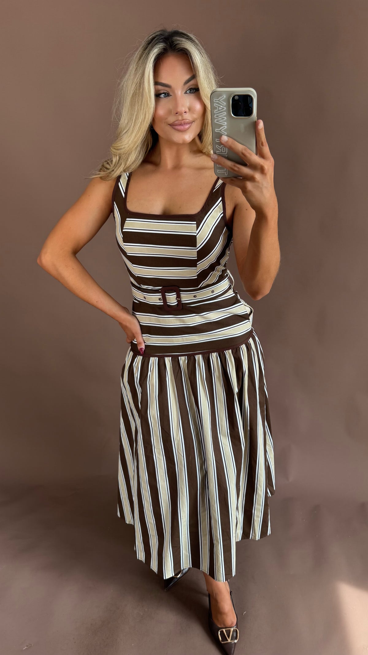 HERITAGE STRIPED BELTED MAXI DRESS