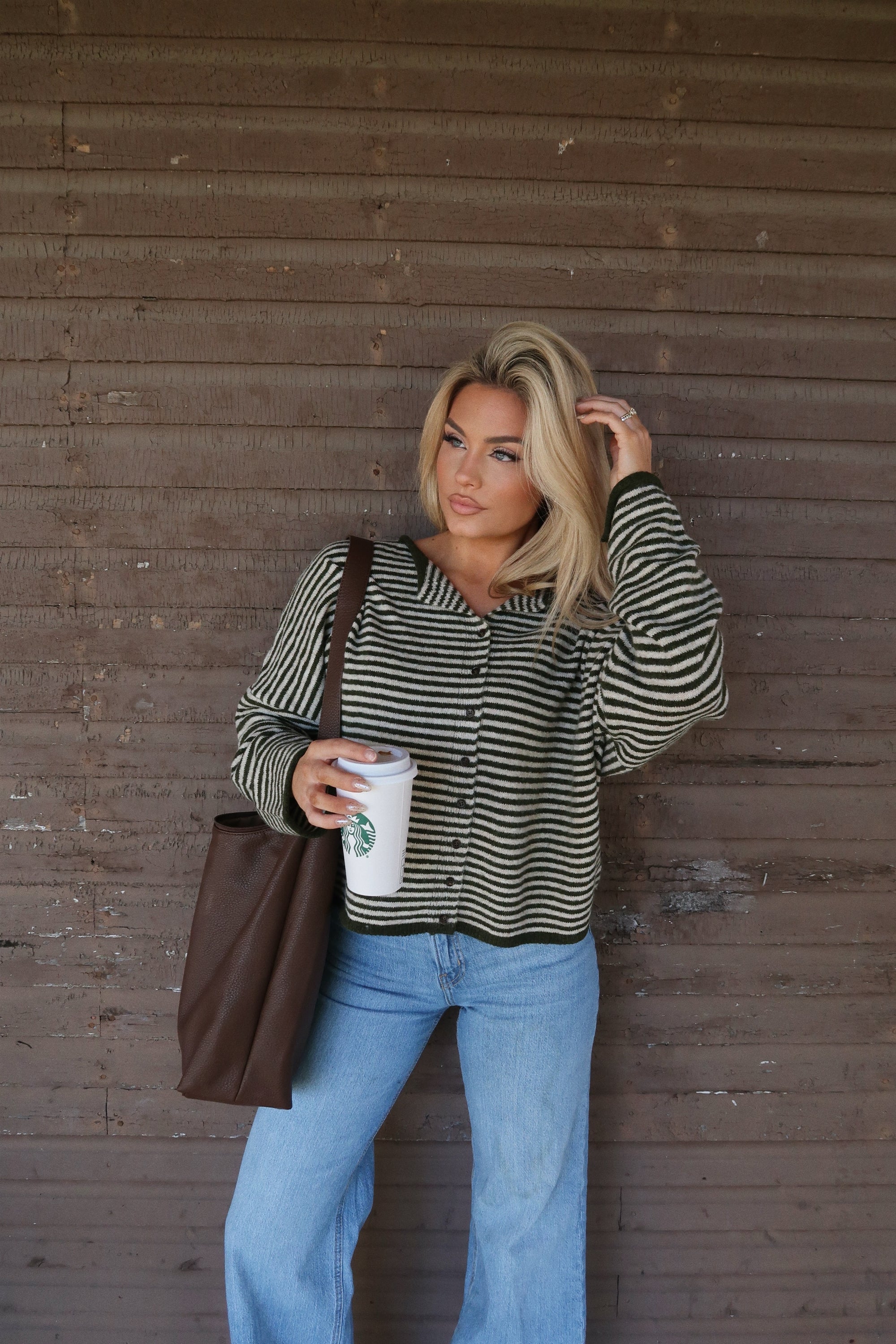 EASY LIVING STRIPED CARDIGAN GREEN