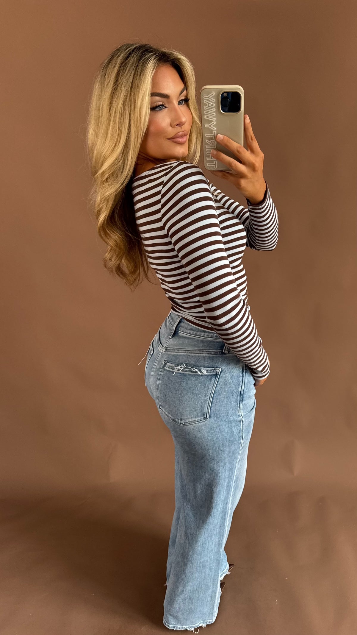 ZOE STRIPED BOAT NECK TOP BLUE/BROWN