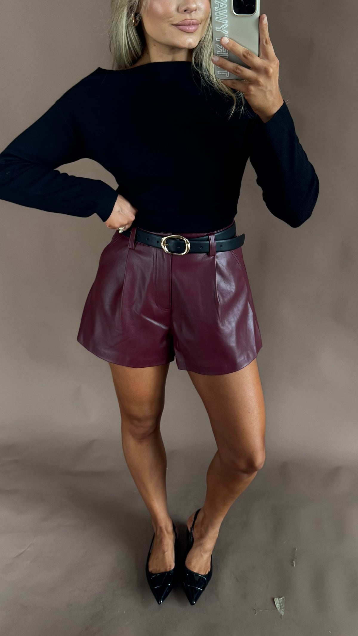MCRAE HIGH WAISTED FLARED LEATHER SHORTS BURGUNDY
